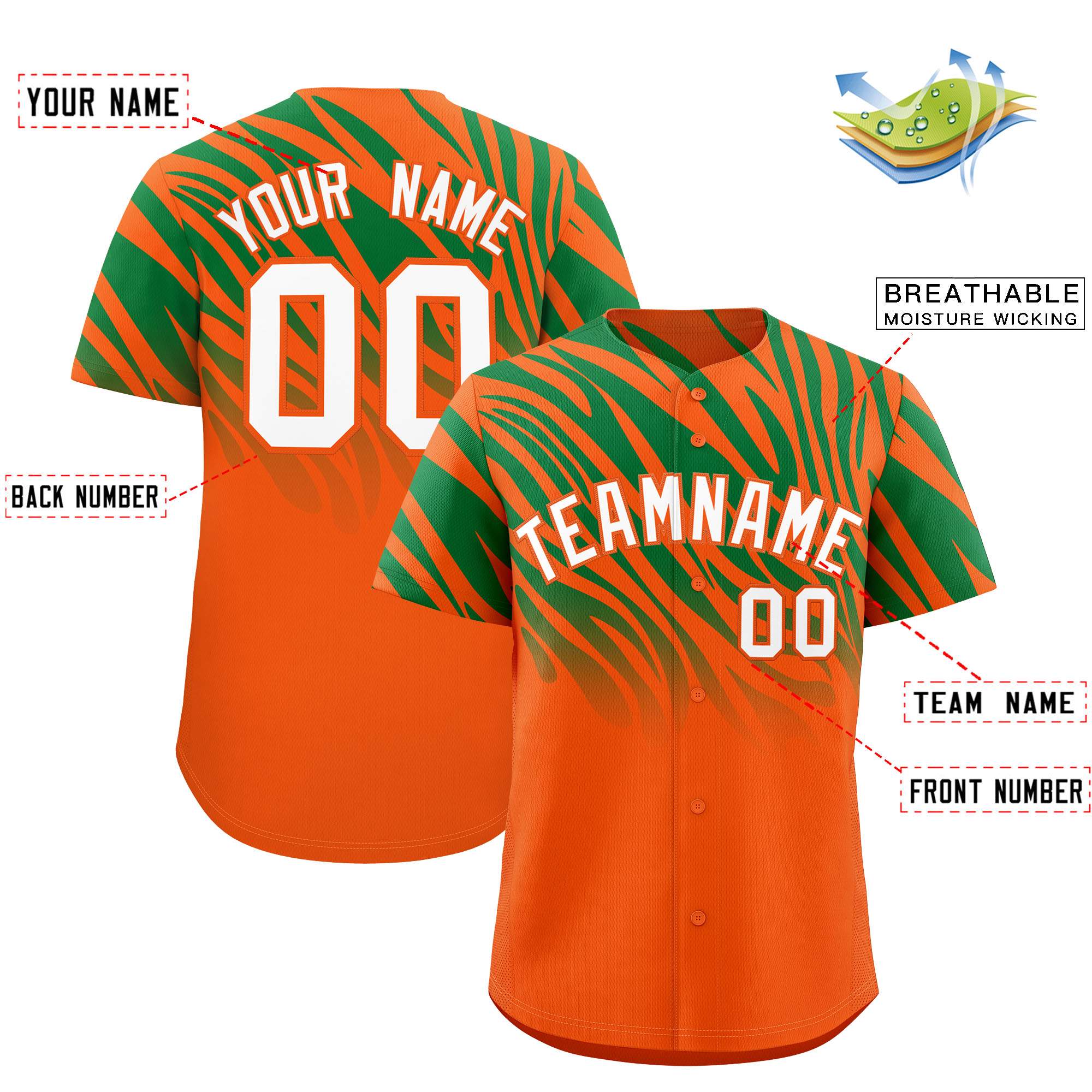 Custom Orange Kelly Green Tiger Stripe Gradient Animal Print Personalized Team Shirt Baseball Jersey