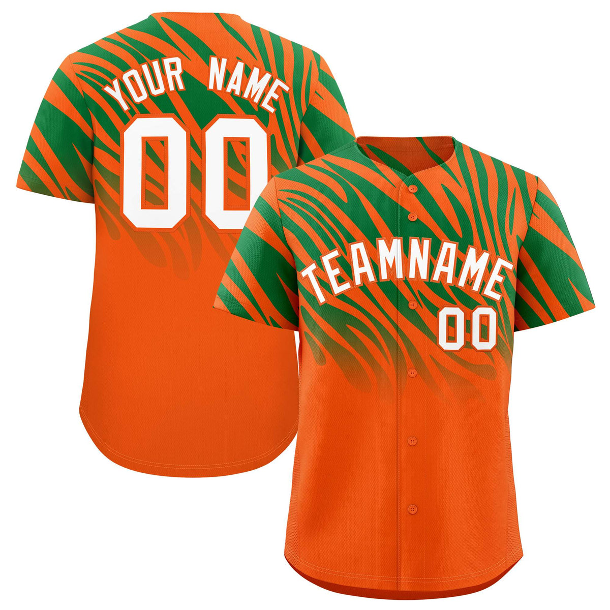 Custom Orange Kelly Green Tiger Stripe Gradient Animal Print Personalized Team Shirt Baseball Jersey