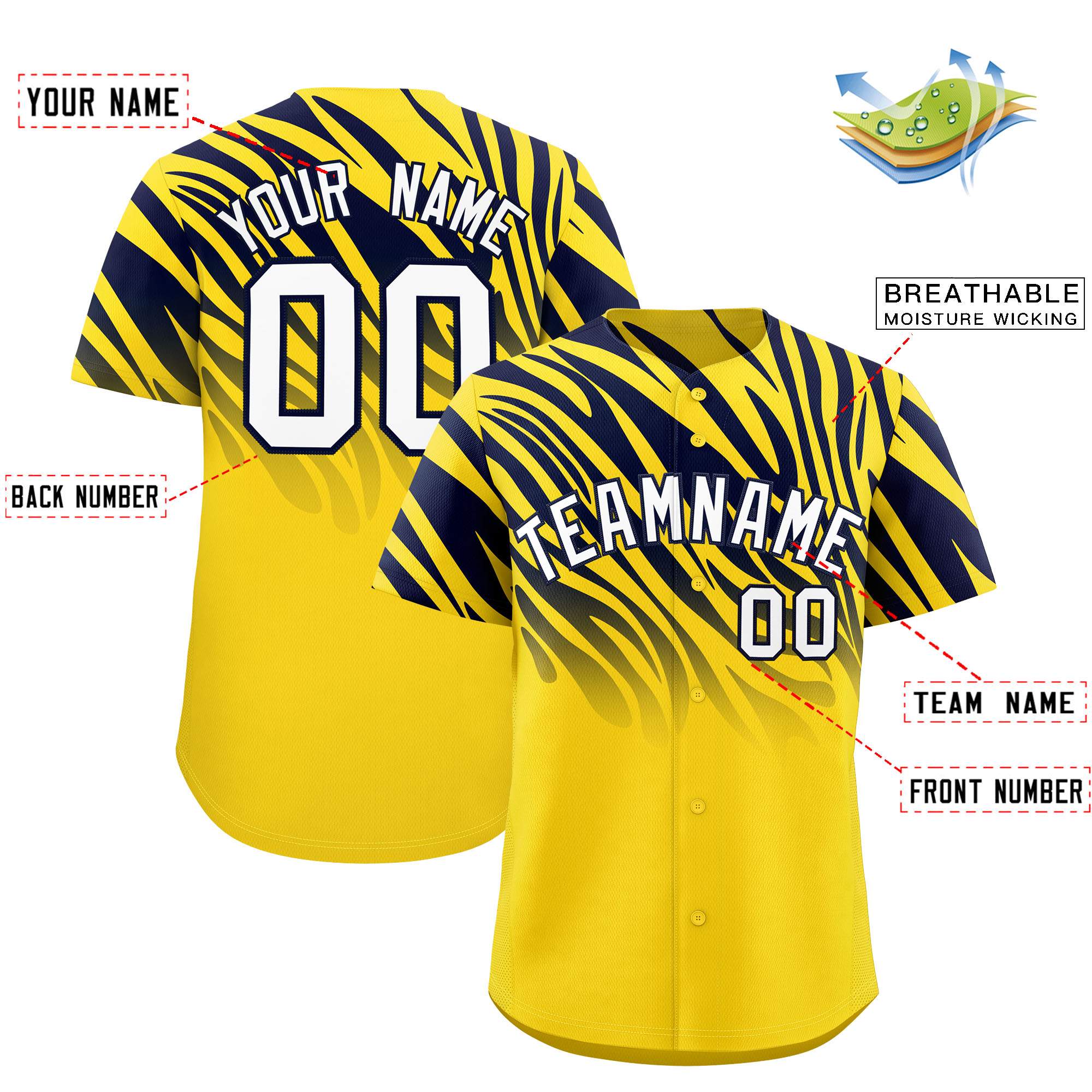 Custom Gold Navy Tiger Stripe Gradient Animal Print Personalized Team Shirt Baseball Jersey