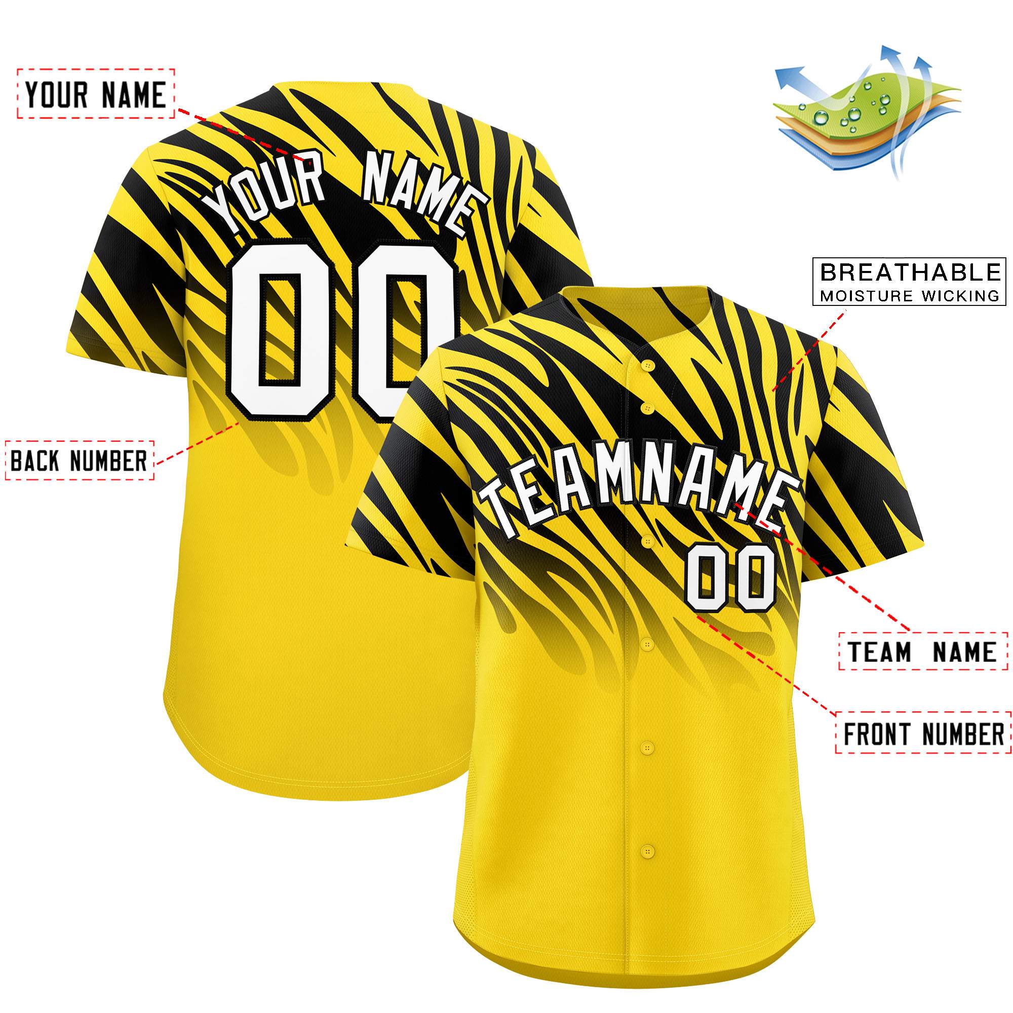 Custom Gold Black Tiger Stripe Gradient Animal Print Personalized Team Shirt Baseball Jersey