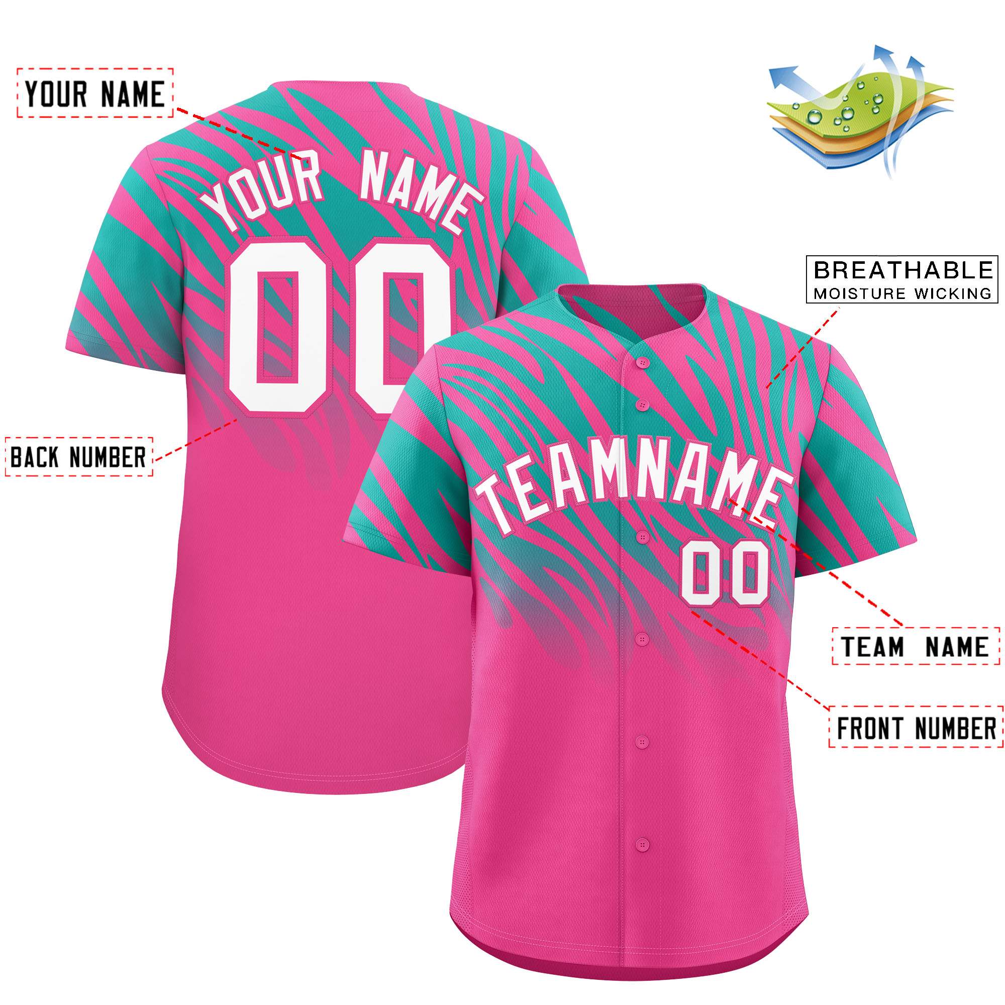 Custom Pink Aqua Tiger Stripe Gradient Animal Print Personalized Team Shirt Baseball Jersey