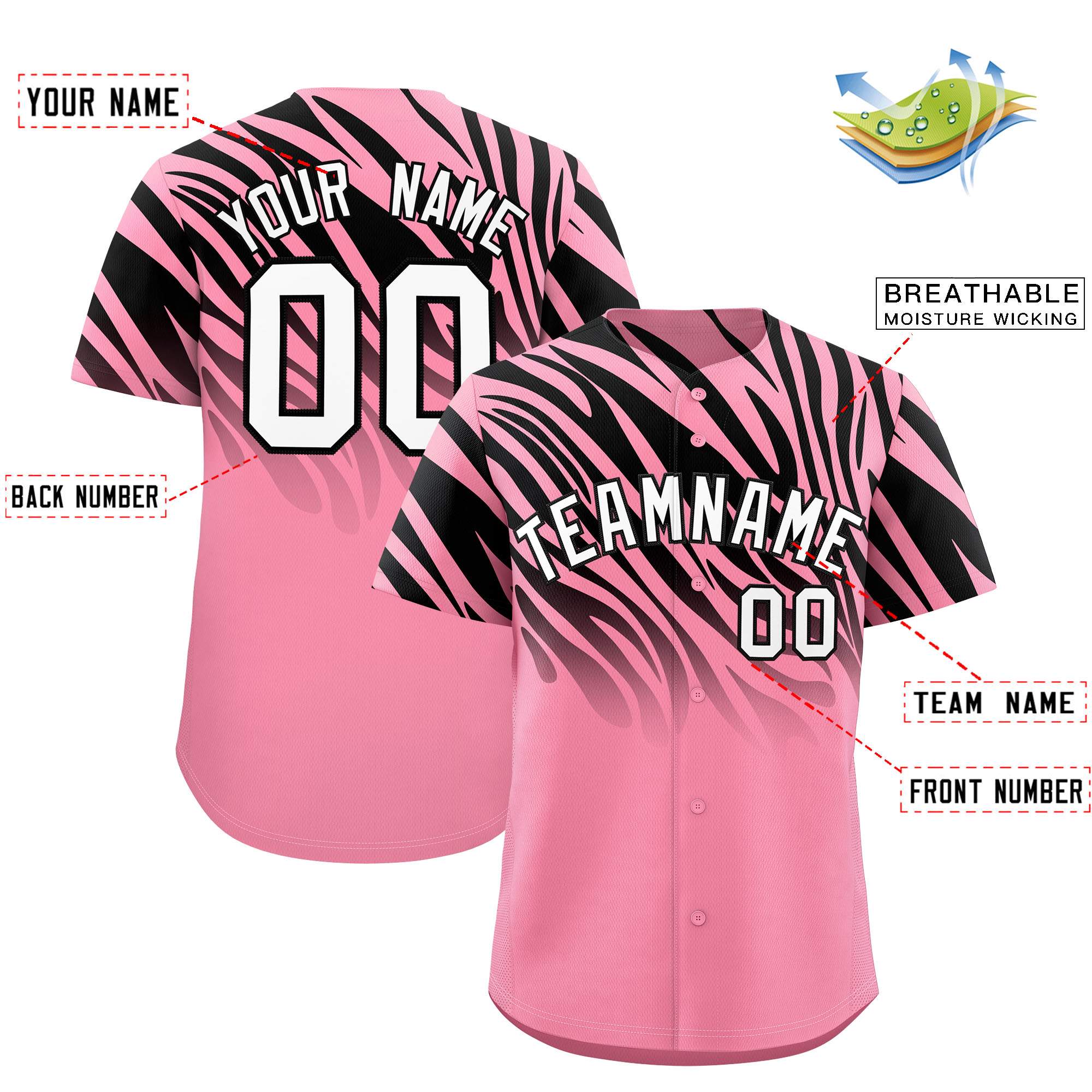 Custom Light Pink Black Tiger Stripe Gradient Animal Print Personalized Team Shirt Baseball Jersey