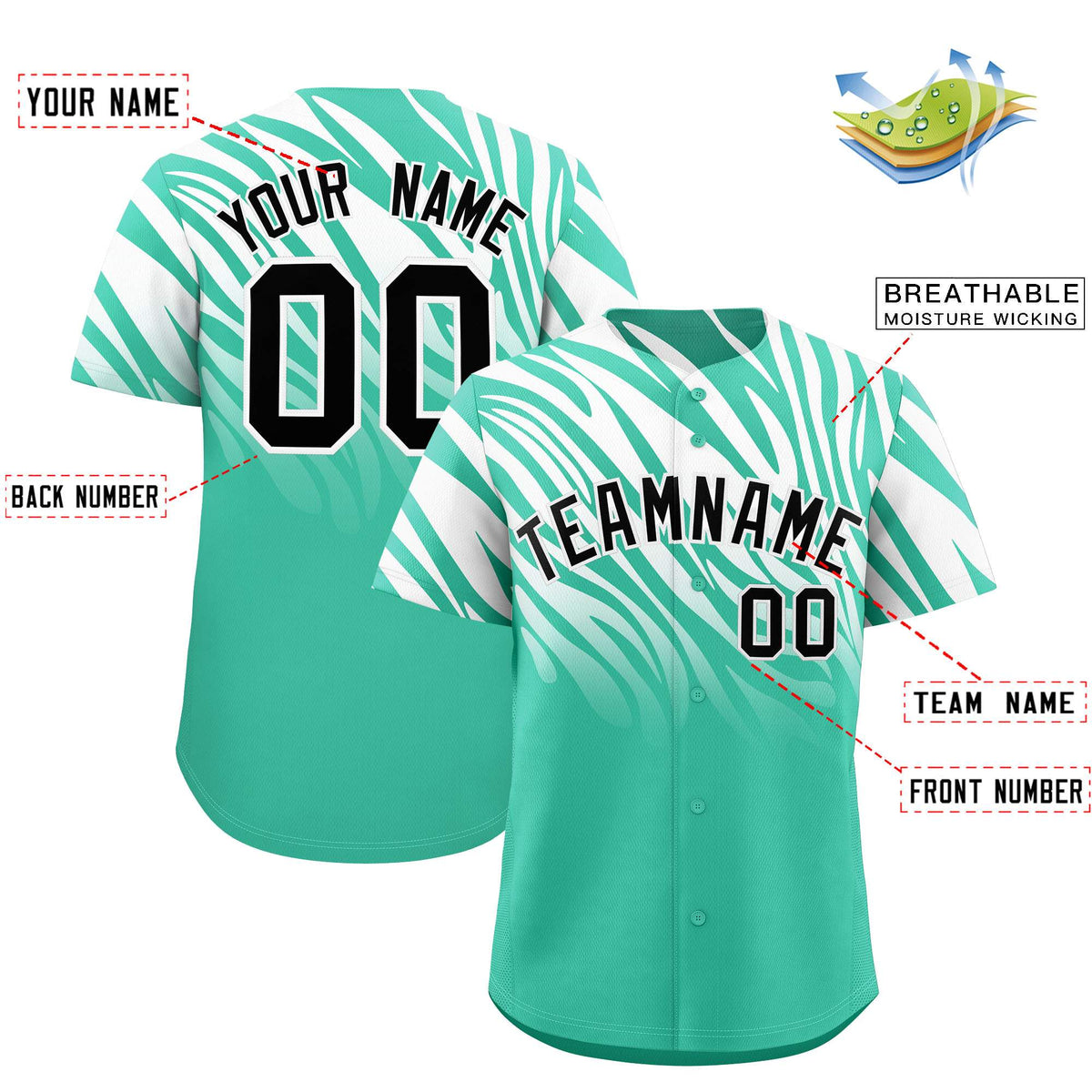 Custom Bright Green White Tiger Stripe Gradient Animal Print Personalized Team Shirt Baseball Jersey