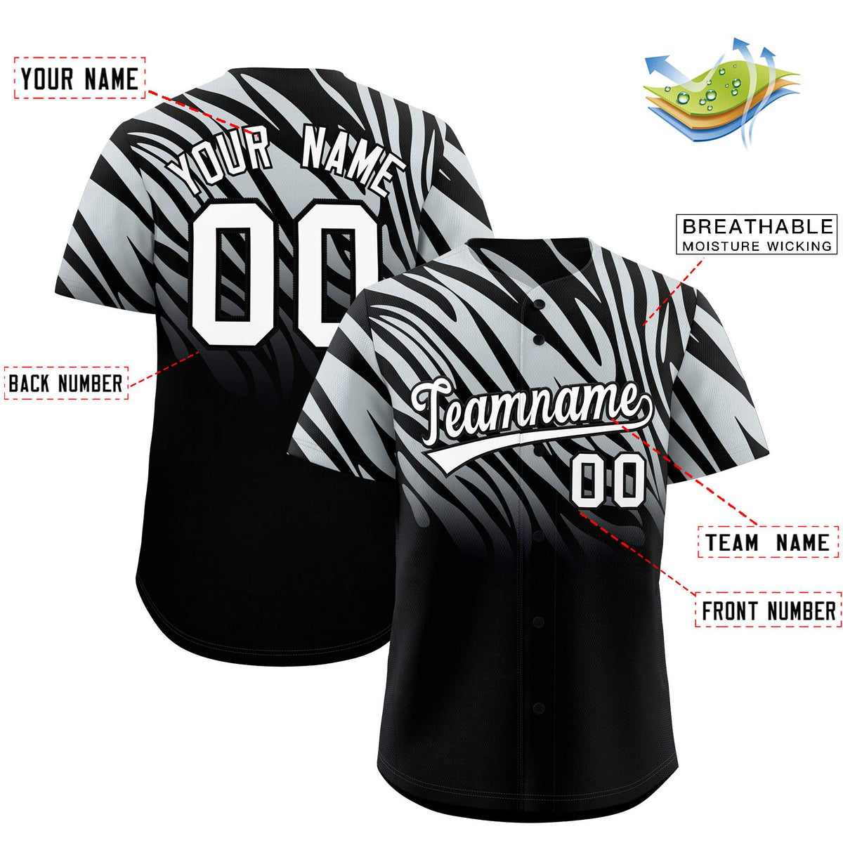 Custom Silver Black Tiger Stripe Gradient Animal Print Personalized Team Shirt Baseball Jersey