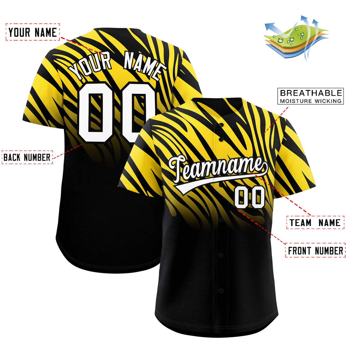 Custom Gold Black Tiger Stripe Gradient Animal Print Personalized Team Shirt Baseball Jersey