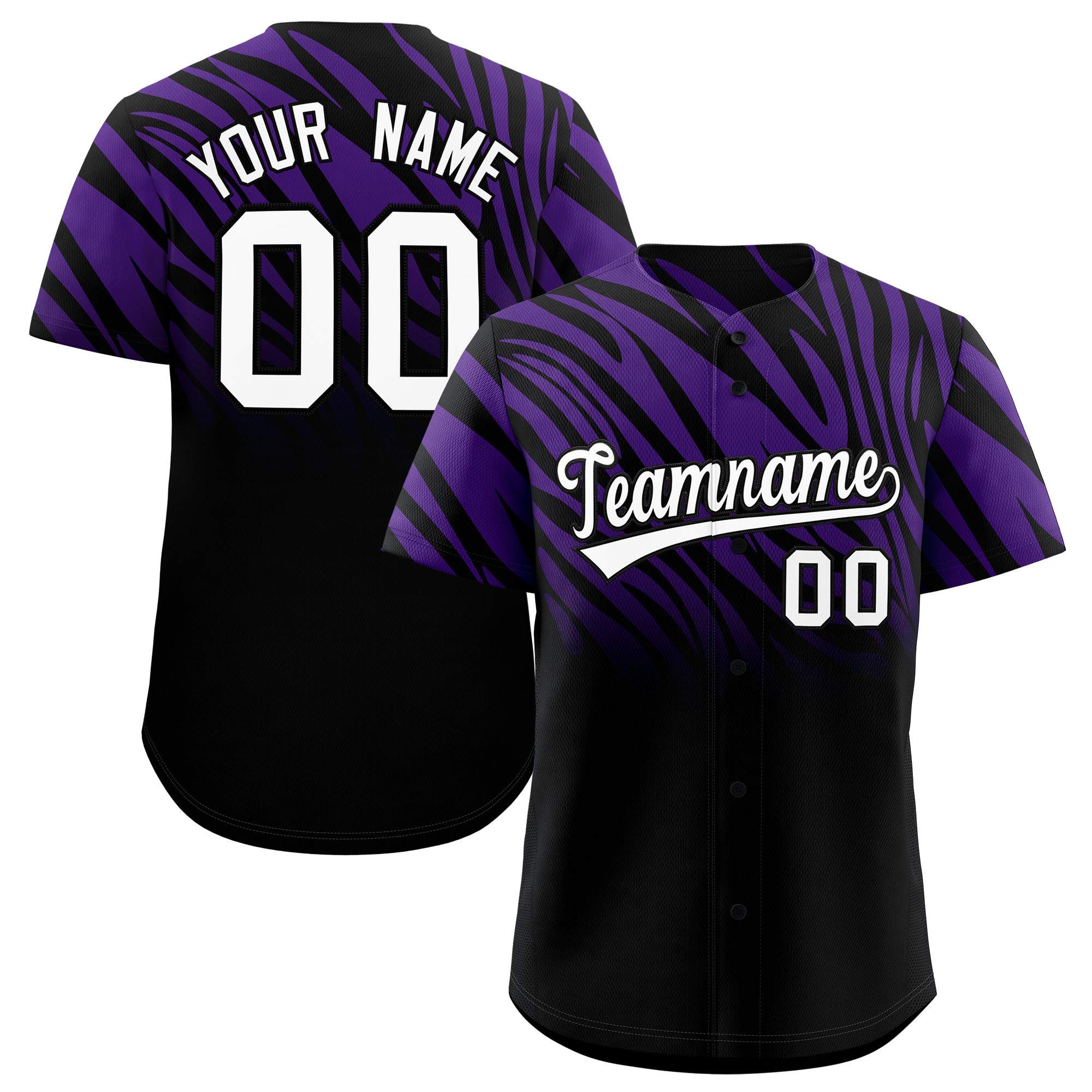 Custom Purple Black Tiger Stripe Gradient Animal Print Personalized Team Shirt Baseball Jersey