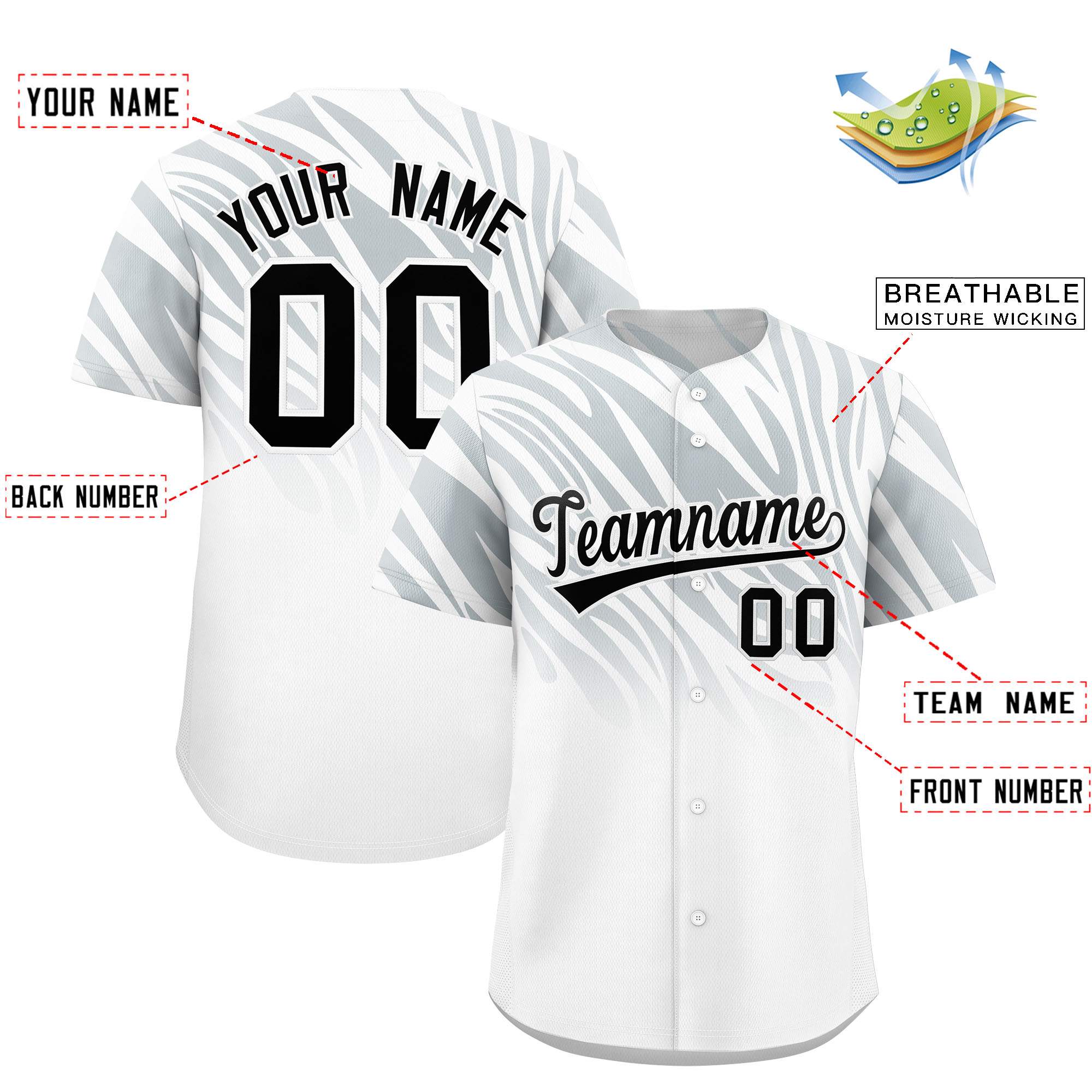 Custom Silver White Tiger Stripe Gradient Animal Print Personalized Team Shirt Baseball Jersey