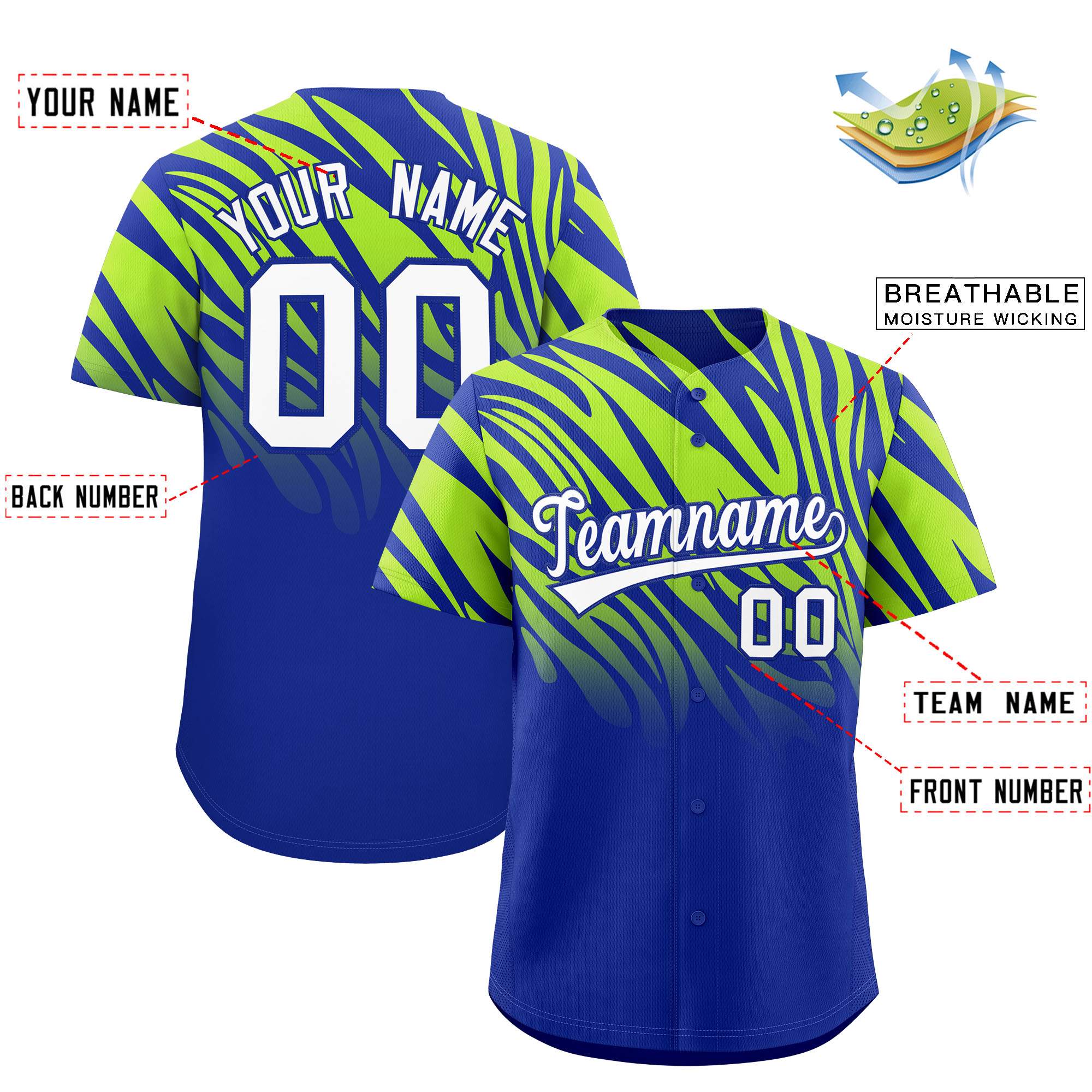 Custom Royal Neon Green Tiger Stripe Gradient Animal Print Personalized Team Shirt Baseball Jersey