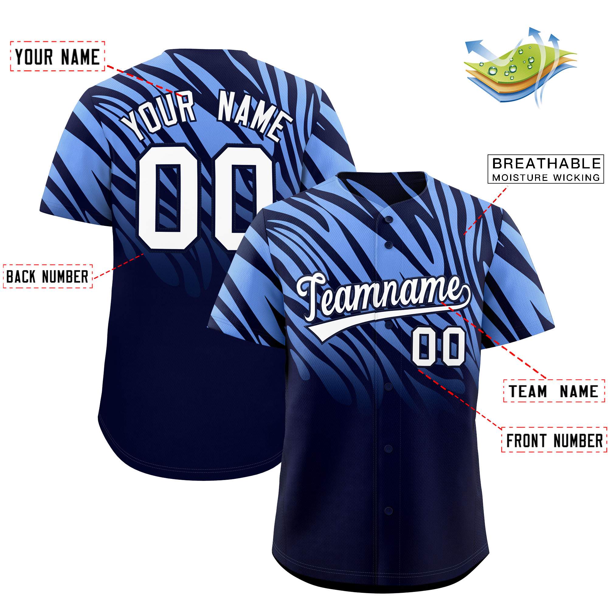 Custom Navy Light Blue Tiger Stripe Gradient Animal Print Personalized Team Shirt Baseball Jersey