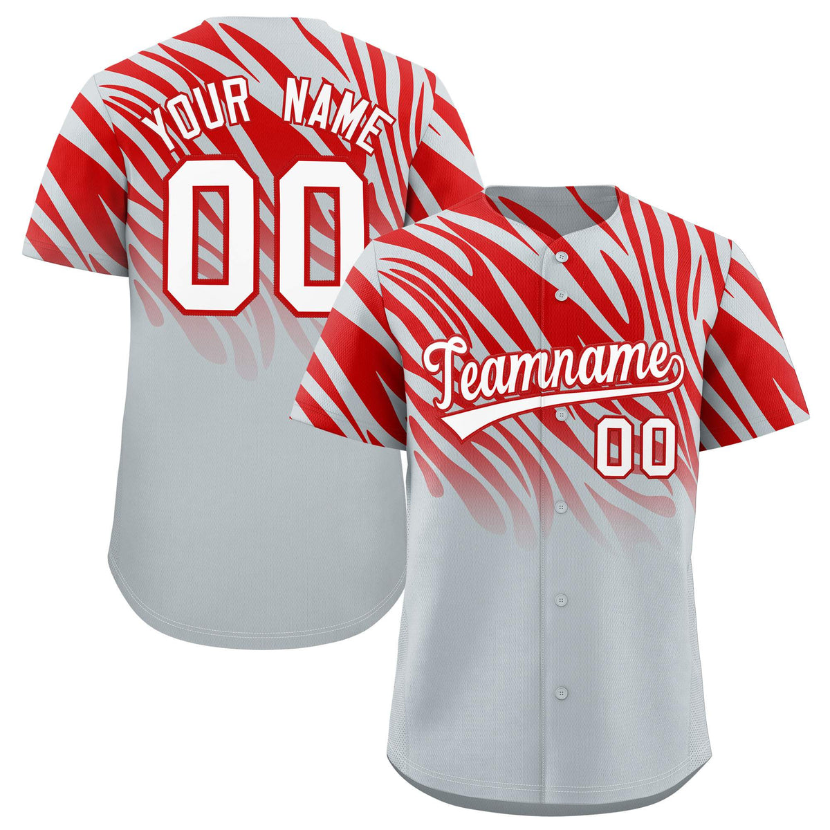 Custom Red Silver Tiger Stripe Gradient Animal Print Personalized Team Shirt Baseball Jersey