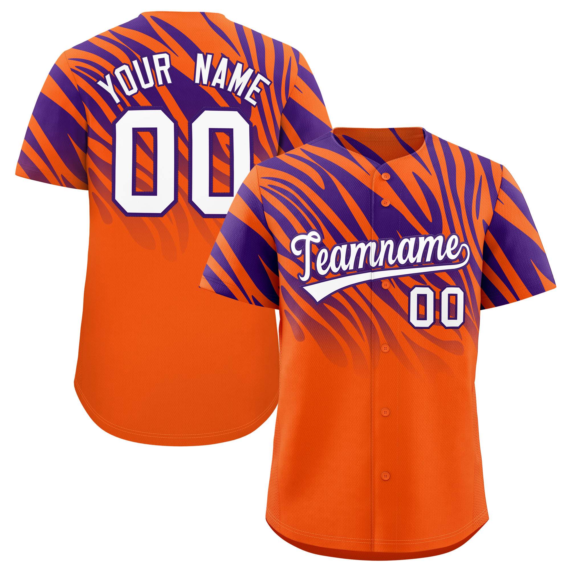 Custom Purple Orange Tiger Stripe Gradient Animal Print Personalized Team Shirt Baseball Jersey