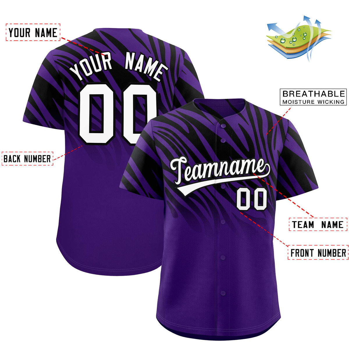 Custom Black Purple Tiger Stripe Gradient Animal Print Personalized Team Shirt Baseball Jersey