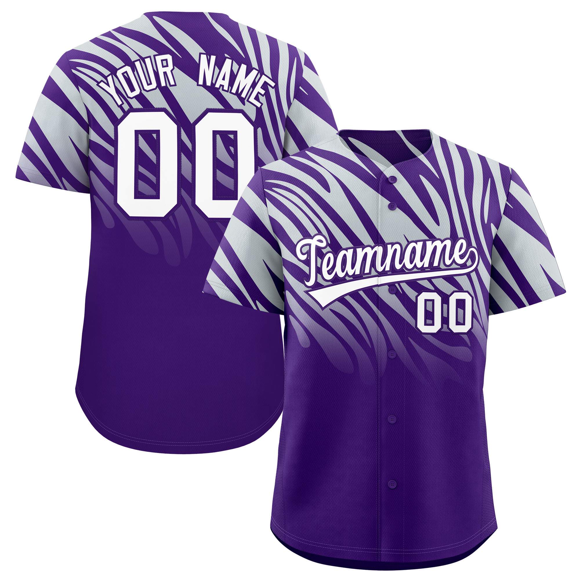 Custom Purple Silver Tiger Stripe Gradient Animal Print Personalized Team Shirt Baseball Jersey