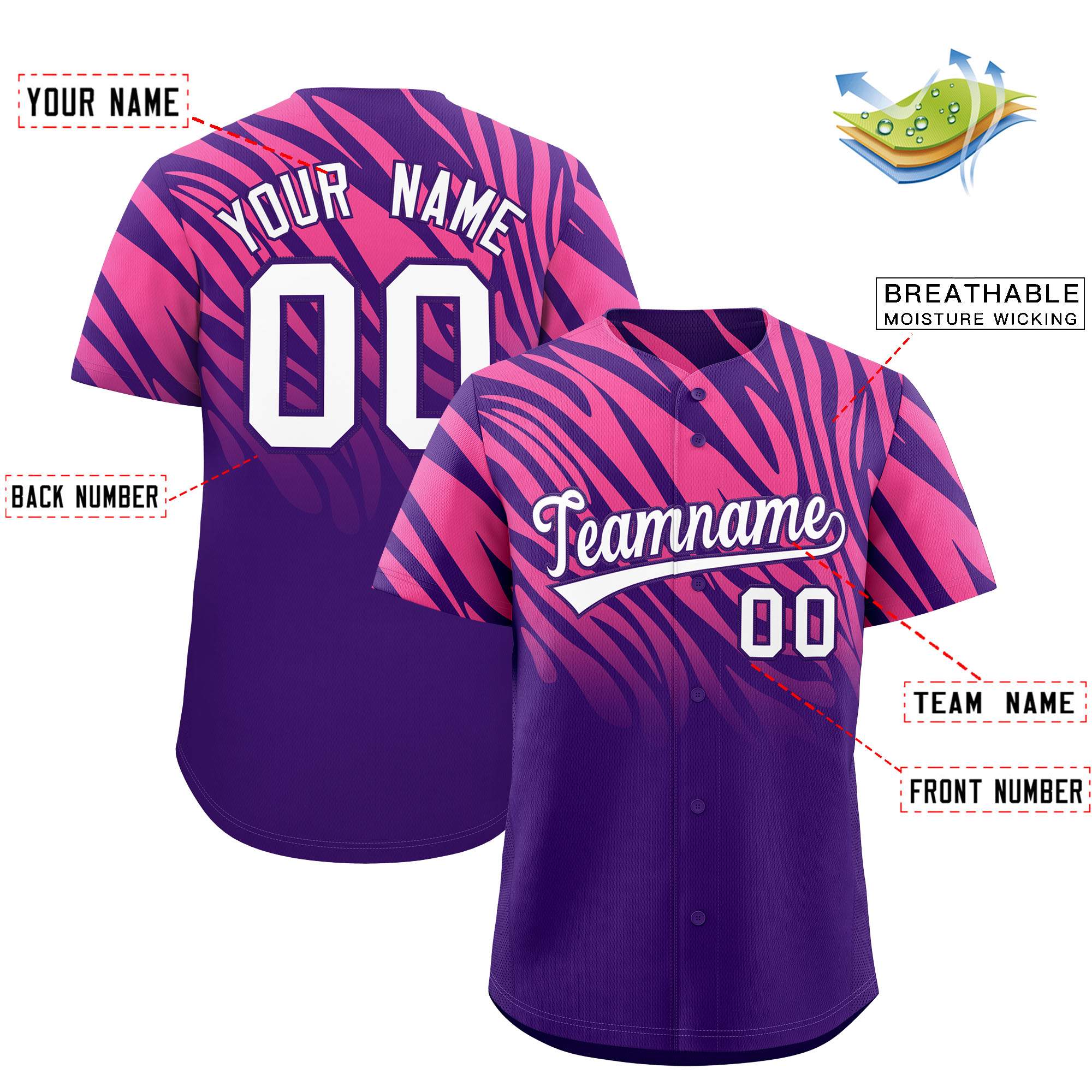 Custom Purple Pink Tiger Stripe Gradient Animal Print Personalized Team Shirt Baseball Jersey