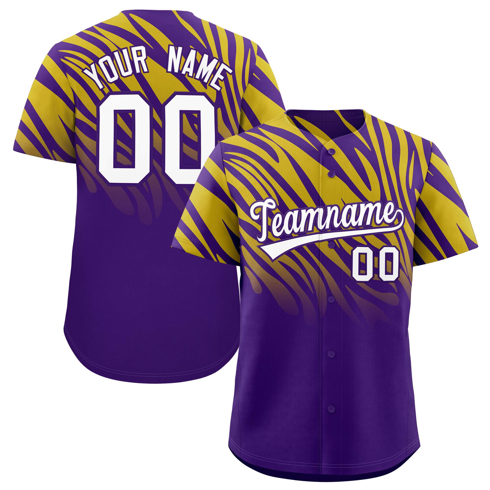 Custom Purple Old Gold Tiger Stripe Gradient Animal Print Personalized Team Shirt Baseball Jersey