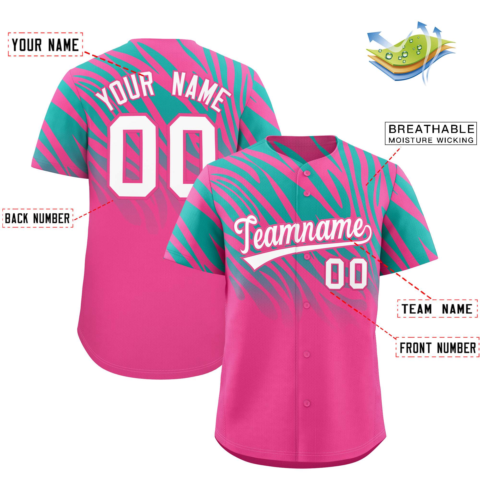 Custom Pink Aqua Tiger Stripe Gradient Animal Print Personalized Team Shirt Baseball Jersey