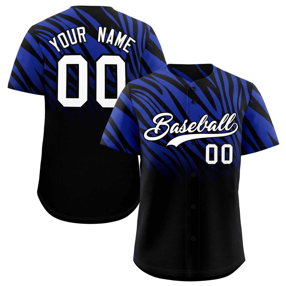 Custom Royal Black Tiger Stripe Gradient Animal Print Personalized Team Shirt Baseball Jersey