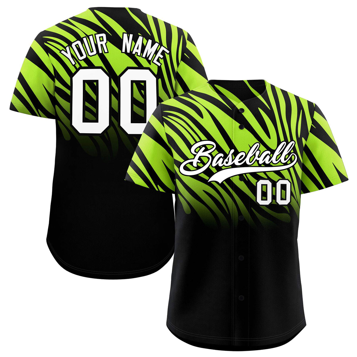Custom Neon Green Black Tiger Stripe Gradient Animal Print Personalized Team Shirt Baseball Jersey