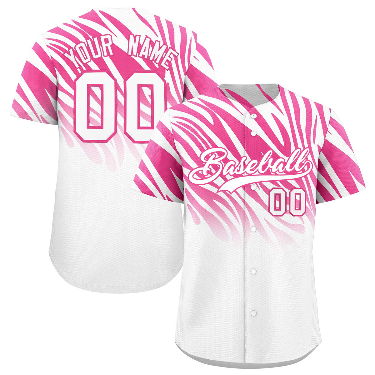 Custom Pink White Tiger Stripe Gradient Animal Print Personalized Team Shirt Baseball Jersey