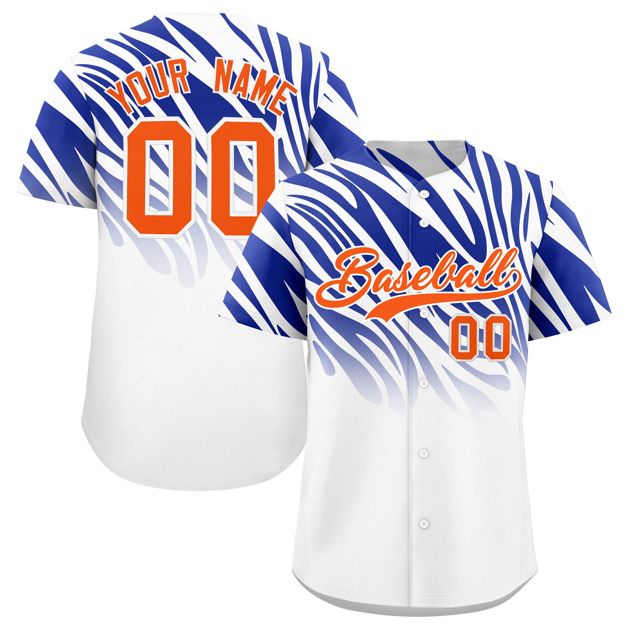 Custom Royal White Tiger Stripe Gradient Animal Print Personalized Team Shirt Baseball Jersey