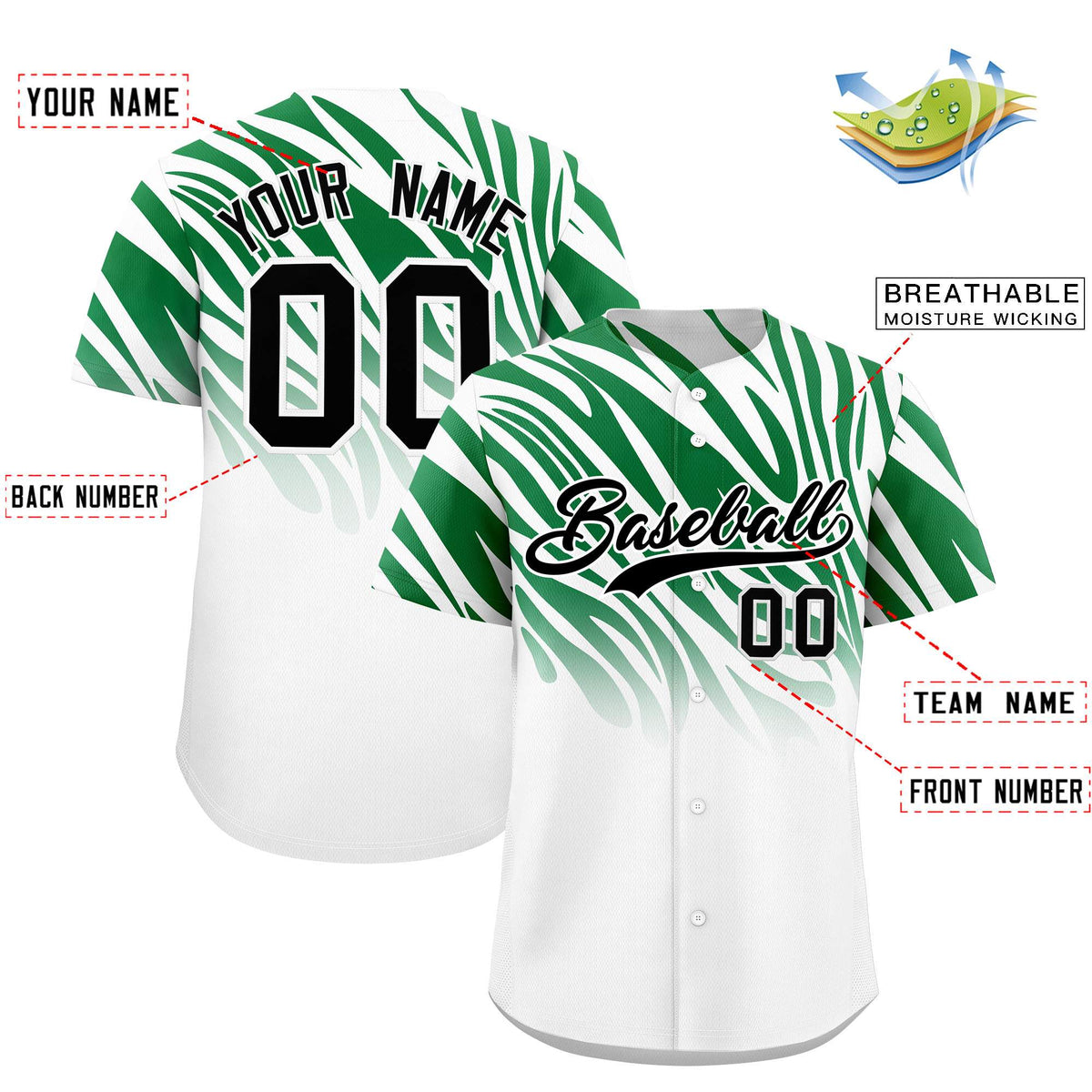 Custom Kelly Green White Tiger Stripe Gradient Animal Print Personalized Team Shirt Baseball Jersey