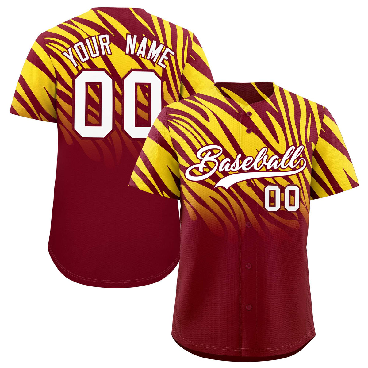 Custom Crimson Gold Tiger Stripe Gradient Animal Print Personalized Team Shirt Baseball Jersey