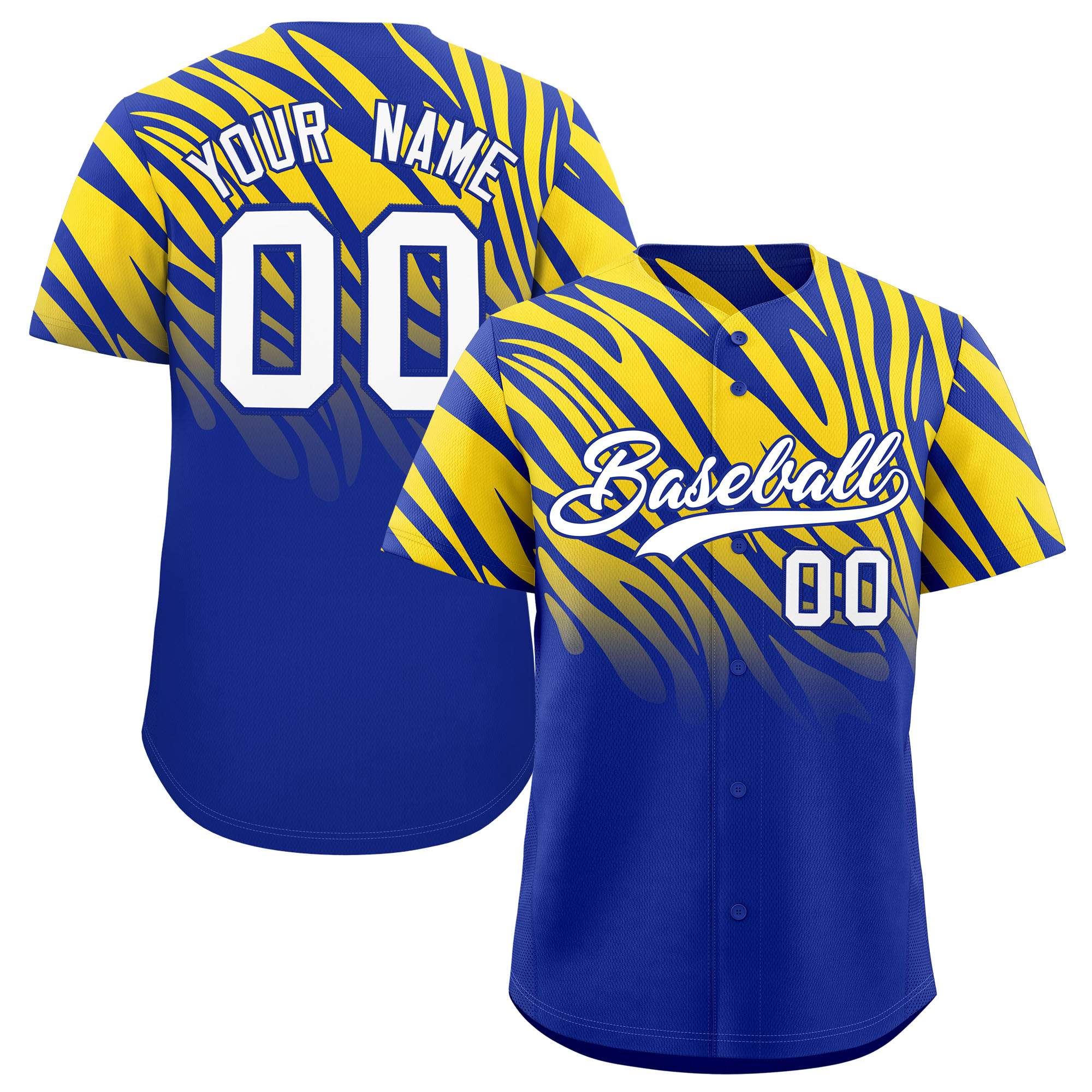 Custom Royal Gold Tiger Stripe Gradient Animal Print Personalized Team Shirt Baseball Jersey