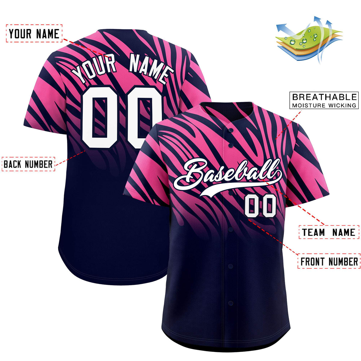 Custom Navy Pink Tiger Stripe Gradient Animal Print Personalized Team Shirt Baseball Jersey