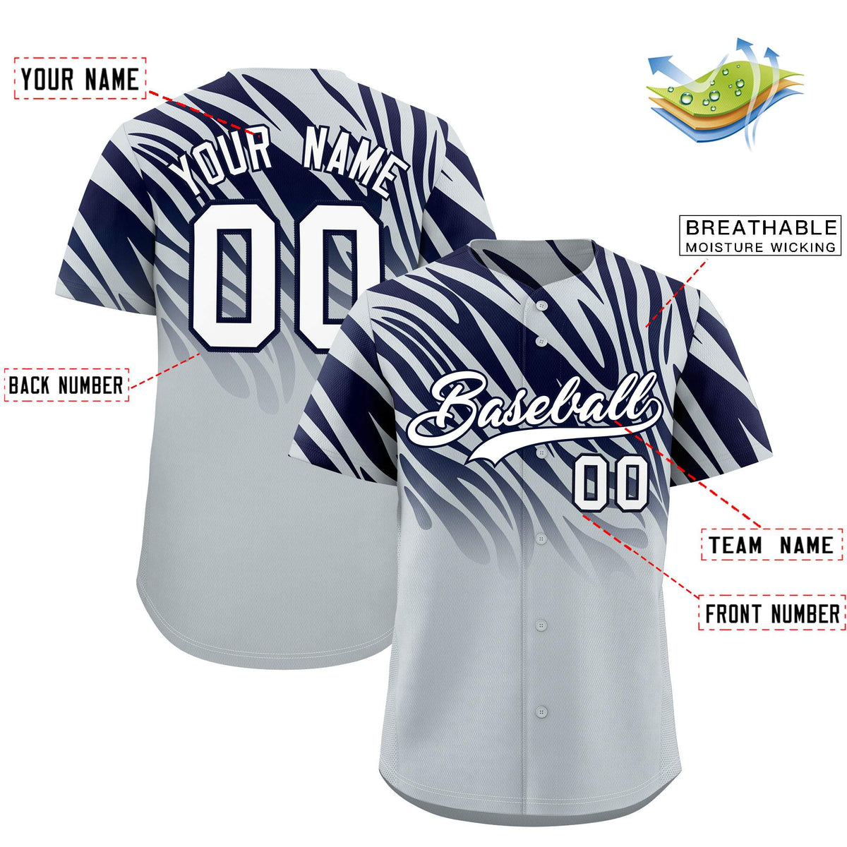 Custom Navy Silver Tiger Stripe Gradient Animal Print Personalized Team Shirt Baseball Jersey