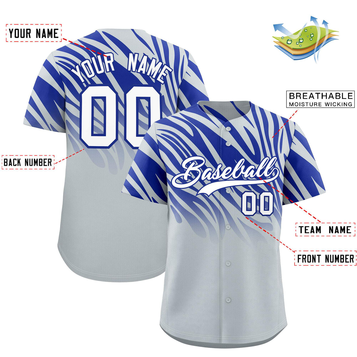 Custom Royal Silver Tiger Stripe Gradient Animal Print Personalized Team Shirt Baseball Jersey