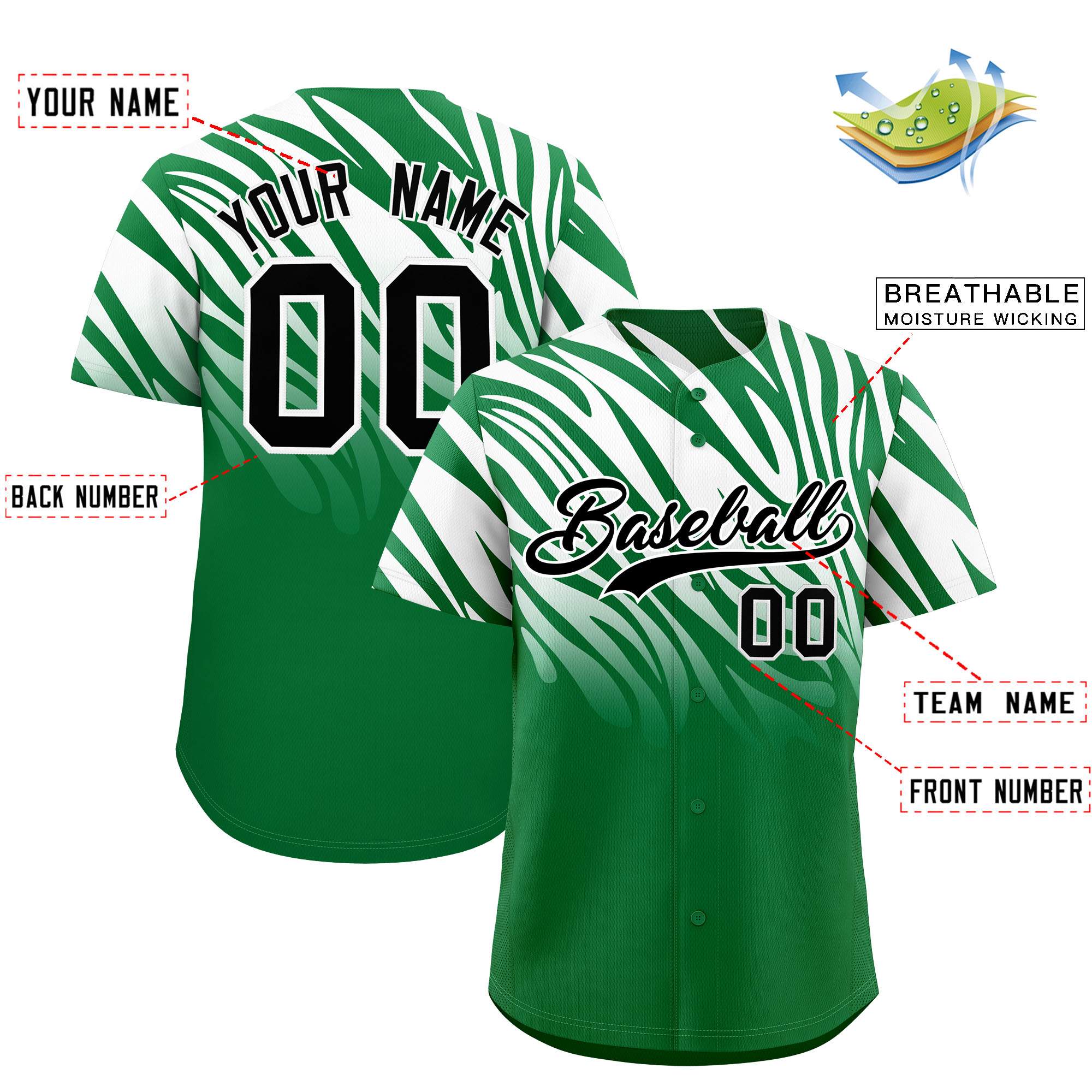 Custom Kelly Green White Tiger Stripe Gradient Animal Print Personalized Team Shirt Baseball Jersey