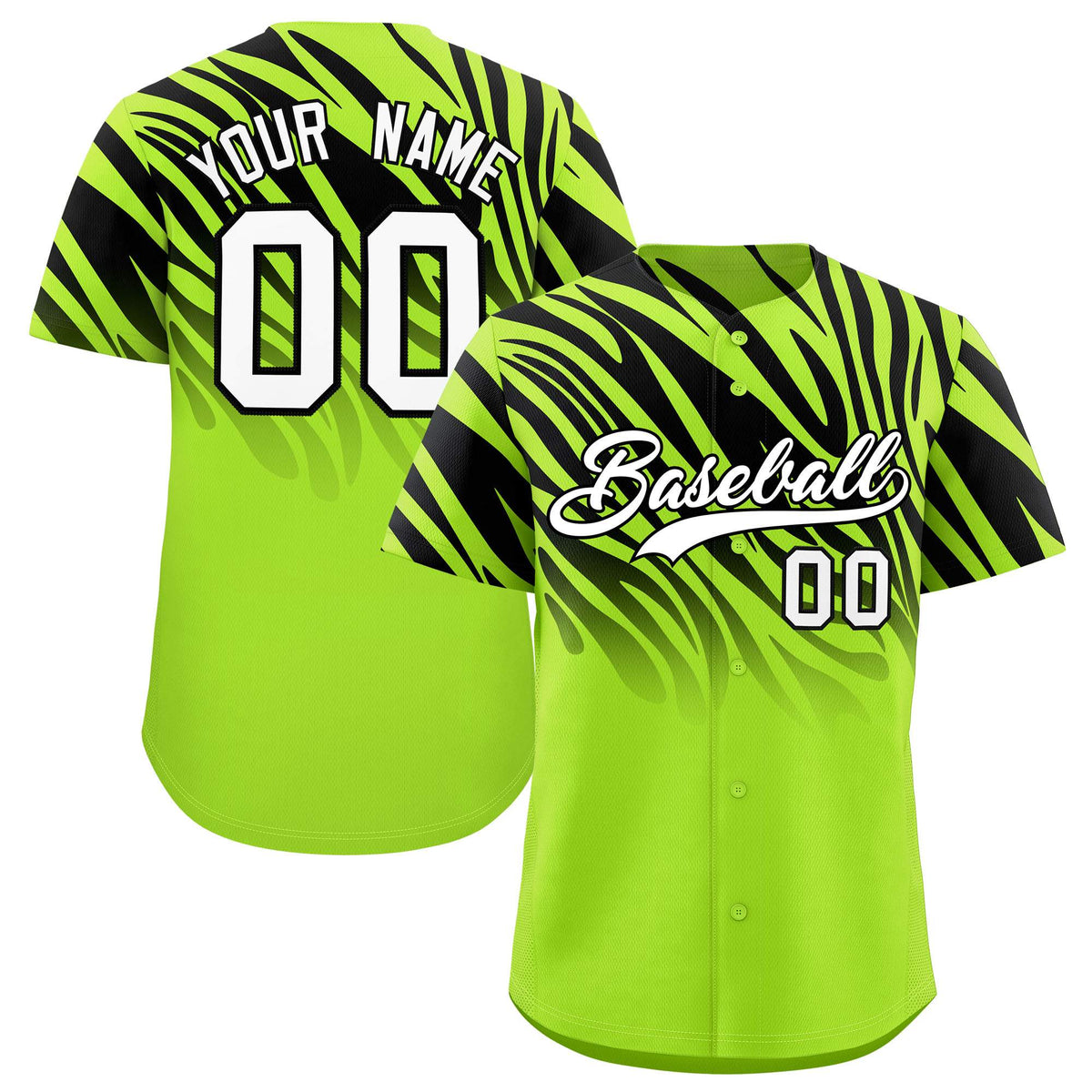 Custom Neon Green Black Tiger Stripe Gradient Animal Print Personalized Team Shirt Baseball Jersey