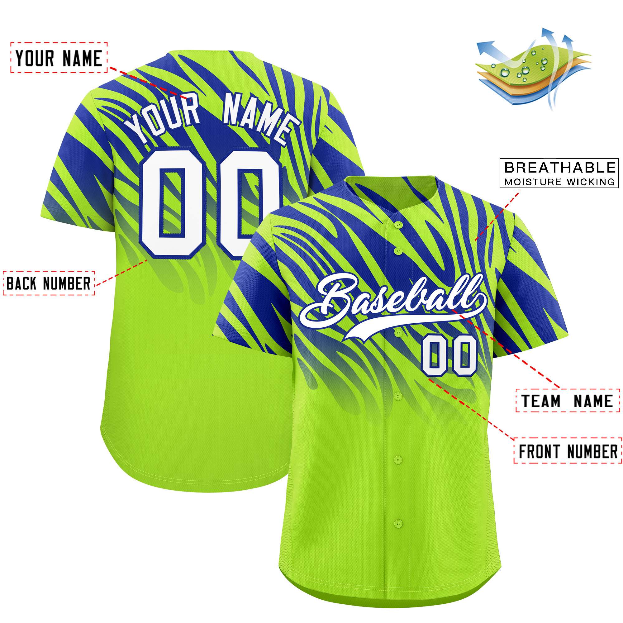 Custom Neon Green Royal Tiger Stripe Gradient Animal Print Personalized Team Shirt Baseball Jersey
