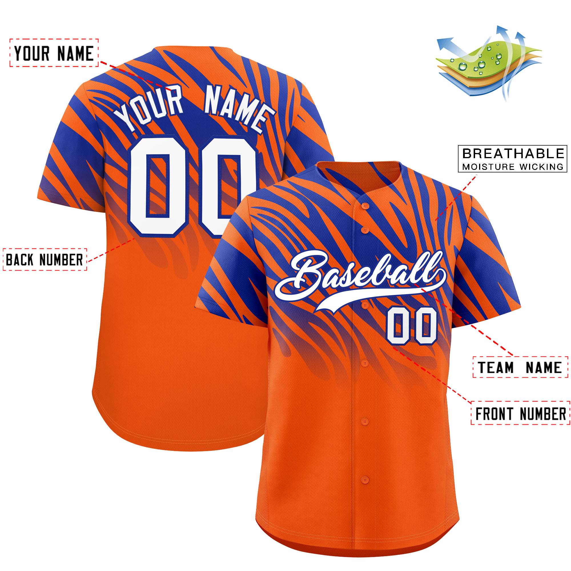 Custom Orange Royal Tiger Stripe Gradient Animal Print Personalized Team Shirt Baseball Jersey