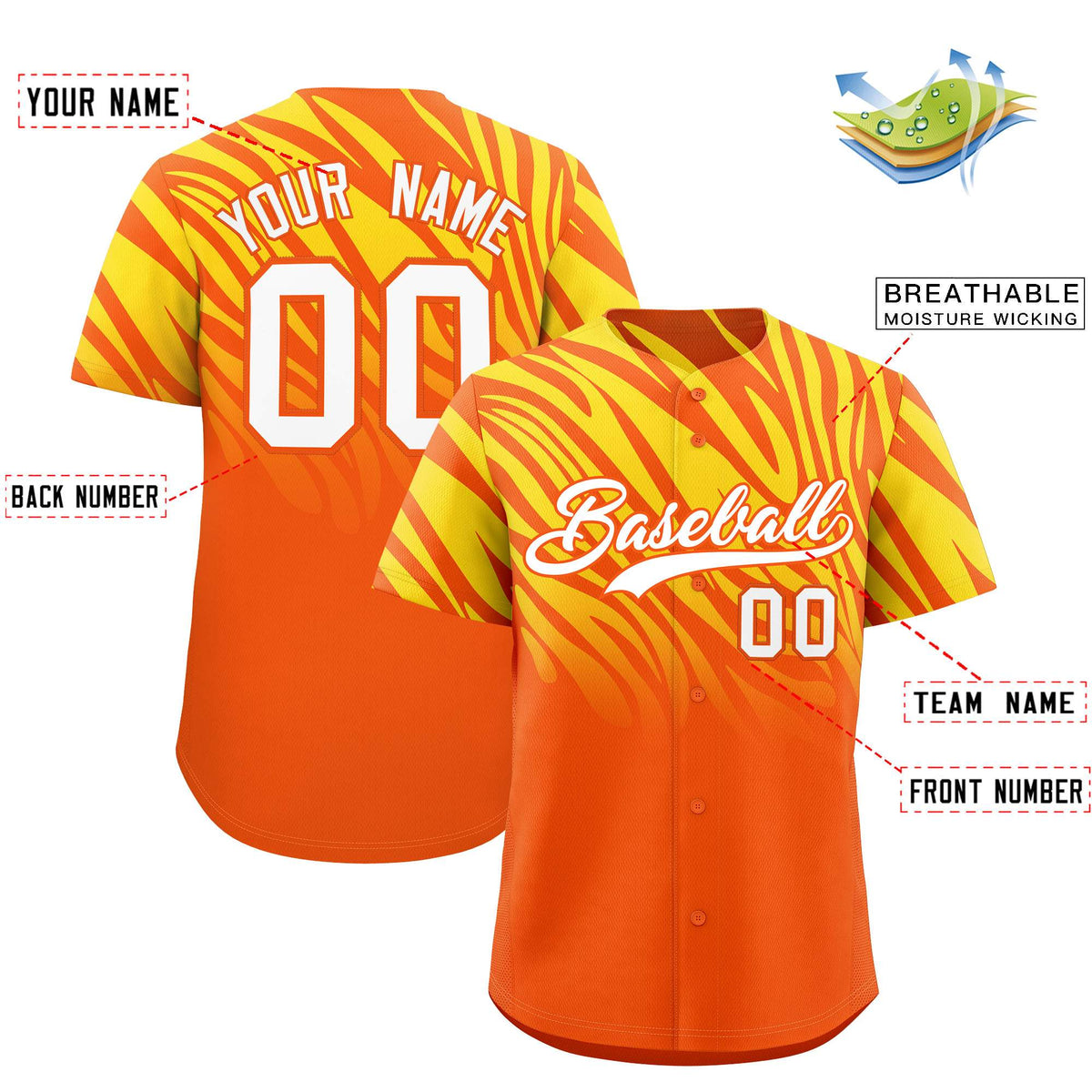 Custom Orange Gold Tiger Stripe Gradient Animal Print Personalized Team Shirt Baseball Jersey