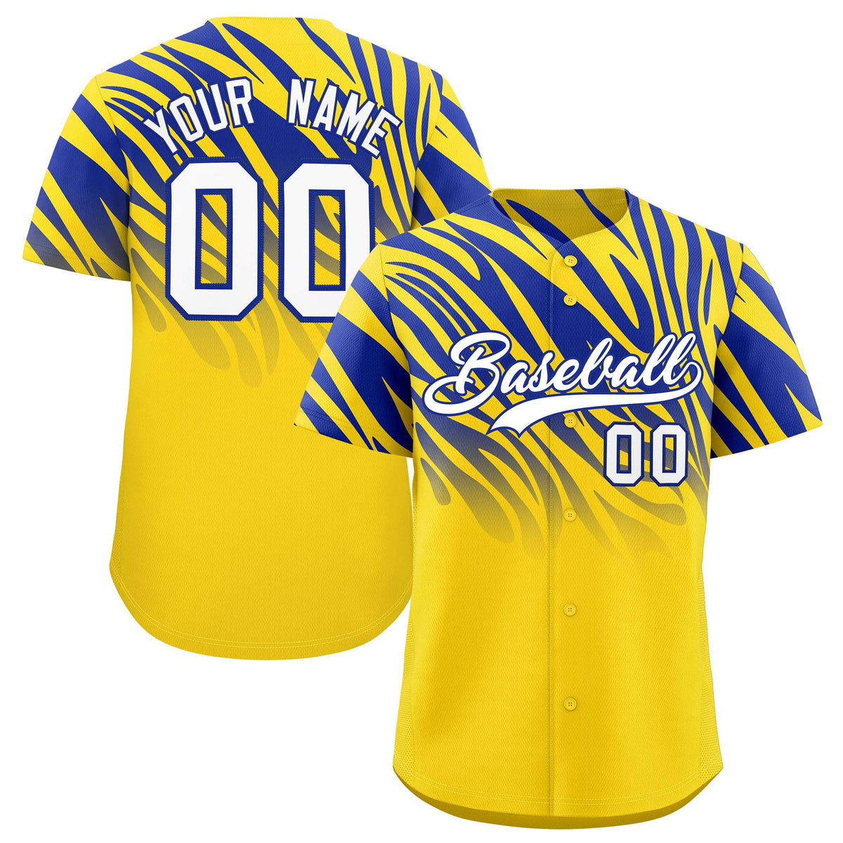 Custom Gold Royal Tiger Stripe Gradient Animal Print Personalized Team Shirt Baseball Jersey