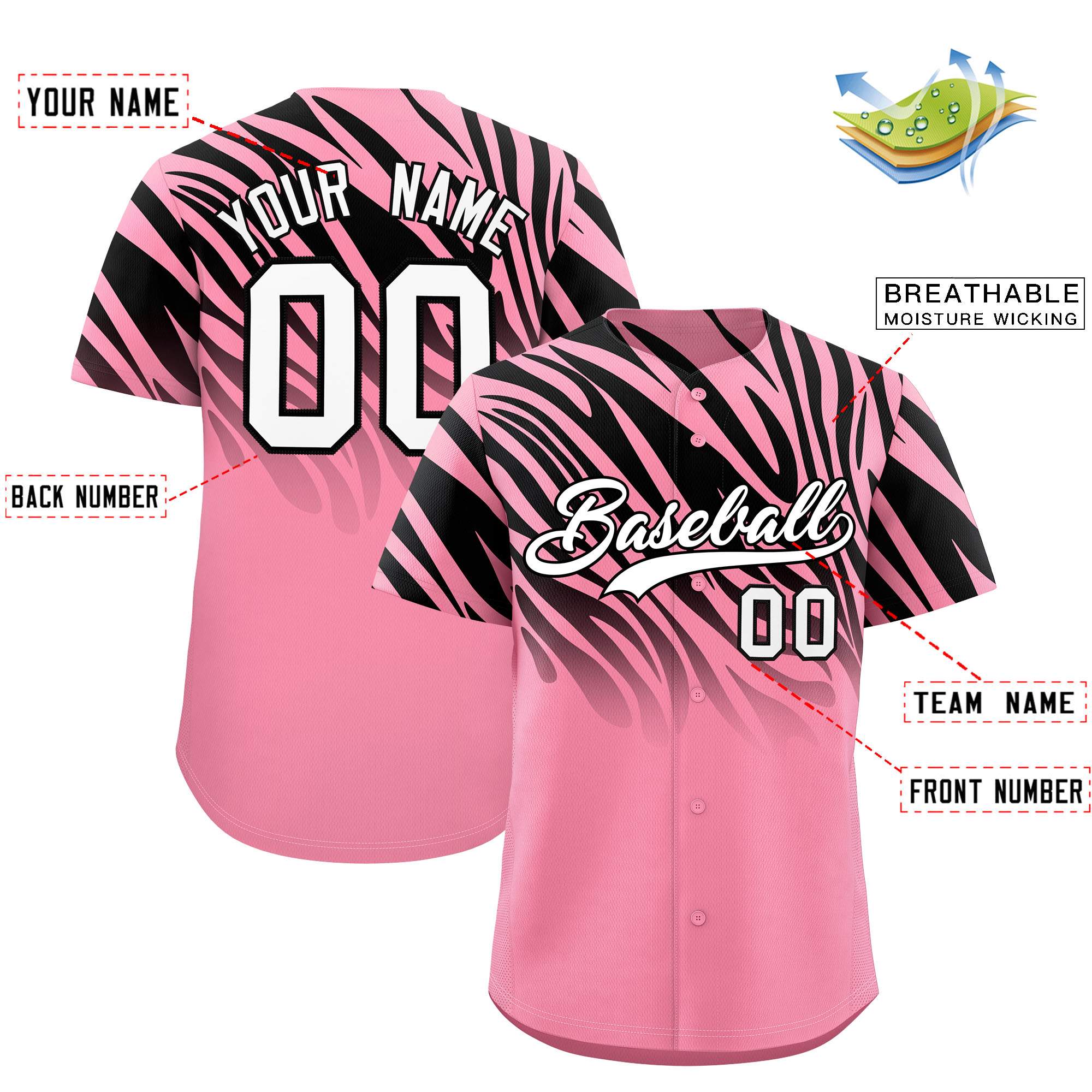 Custom Light Pink Black Tiger Stripe Gradient Animal Print Personalized Team Shirt Baseball Jersey
