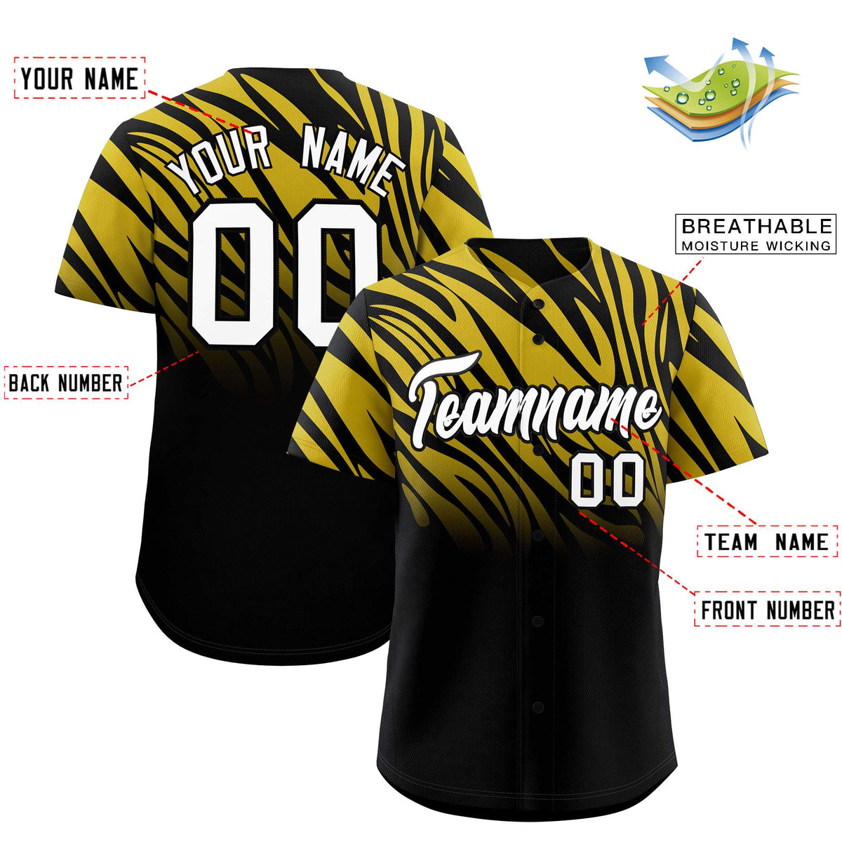 Custom Old Gold Black Tiger Stripe Gradient Animal Print Personalized Team Shirt Baseball Jersey