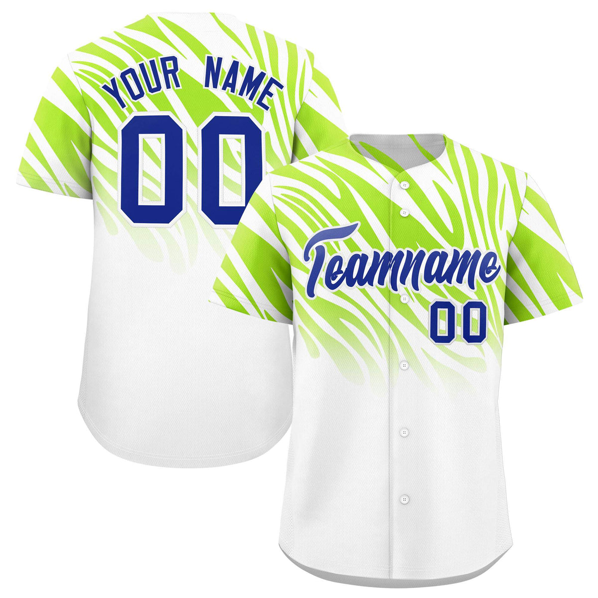 Custom Neon Green White Tiger Stripe Gradient Animal Print Personalized Team Shirt Baseball Jersey