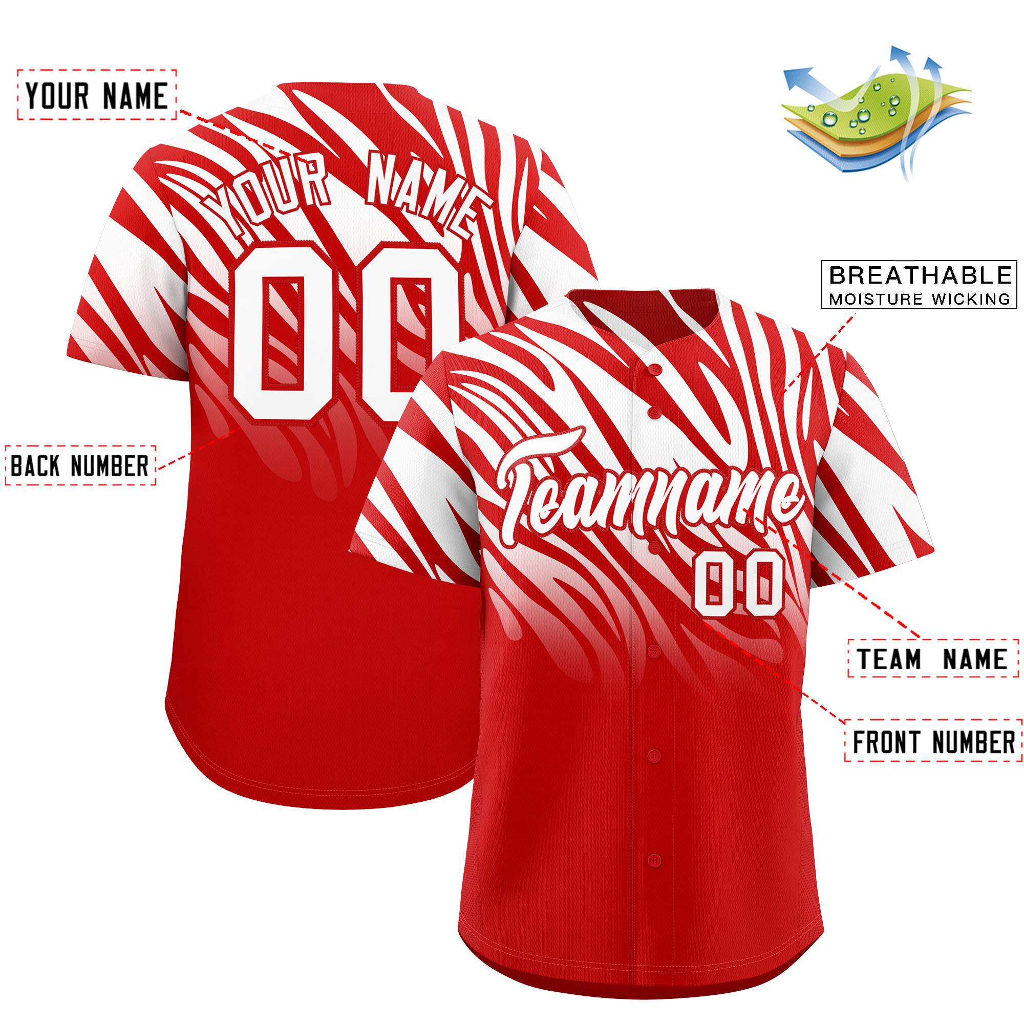 Custom Red White Tiger Stripe Gradient Animal Print Personalized Team Shirt Baseball Jersey