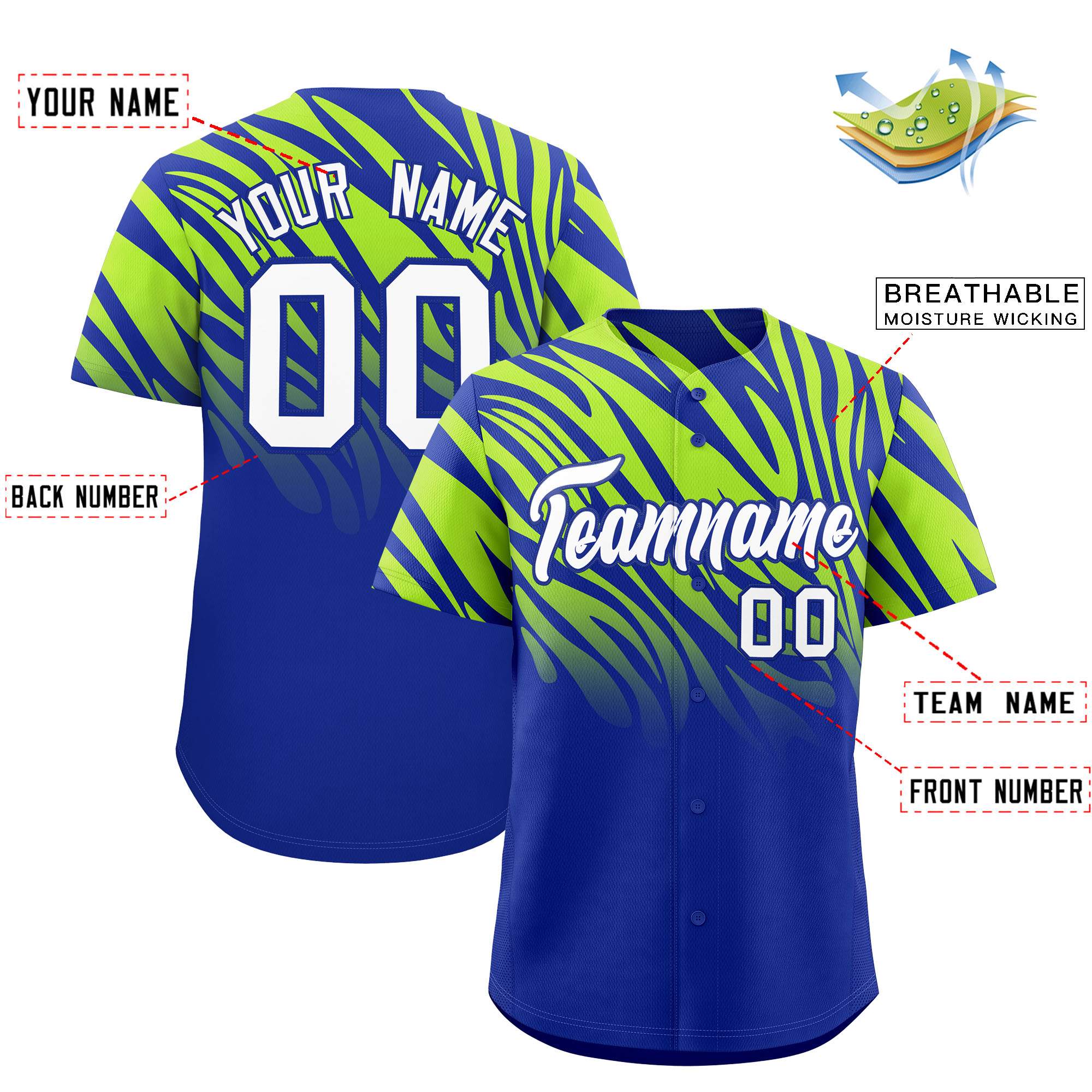 Custom Royal Neon Green Tiger Stripe Gradient Animal Print Personalized Team Shirt Baseball Jersey