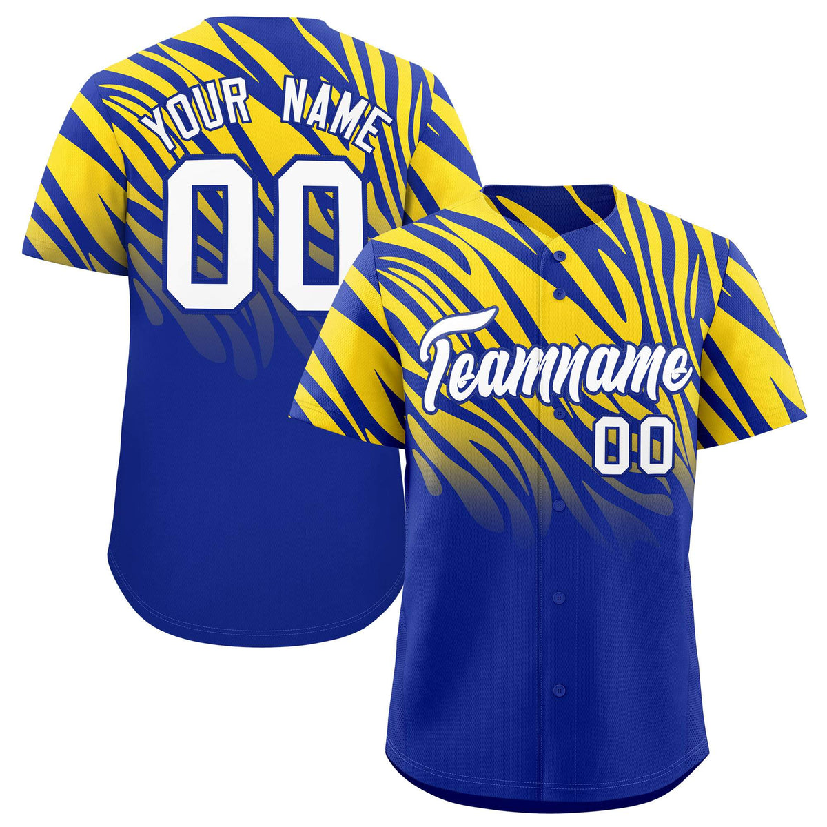 Custom Royal Gold Tiger Stripe Gradient Animal Print Personalized Team Shirt Baseball Jersey