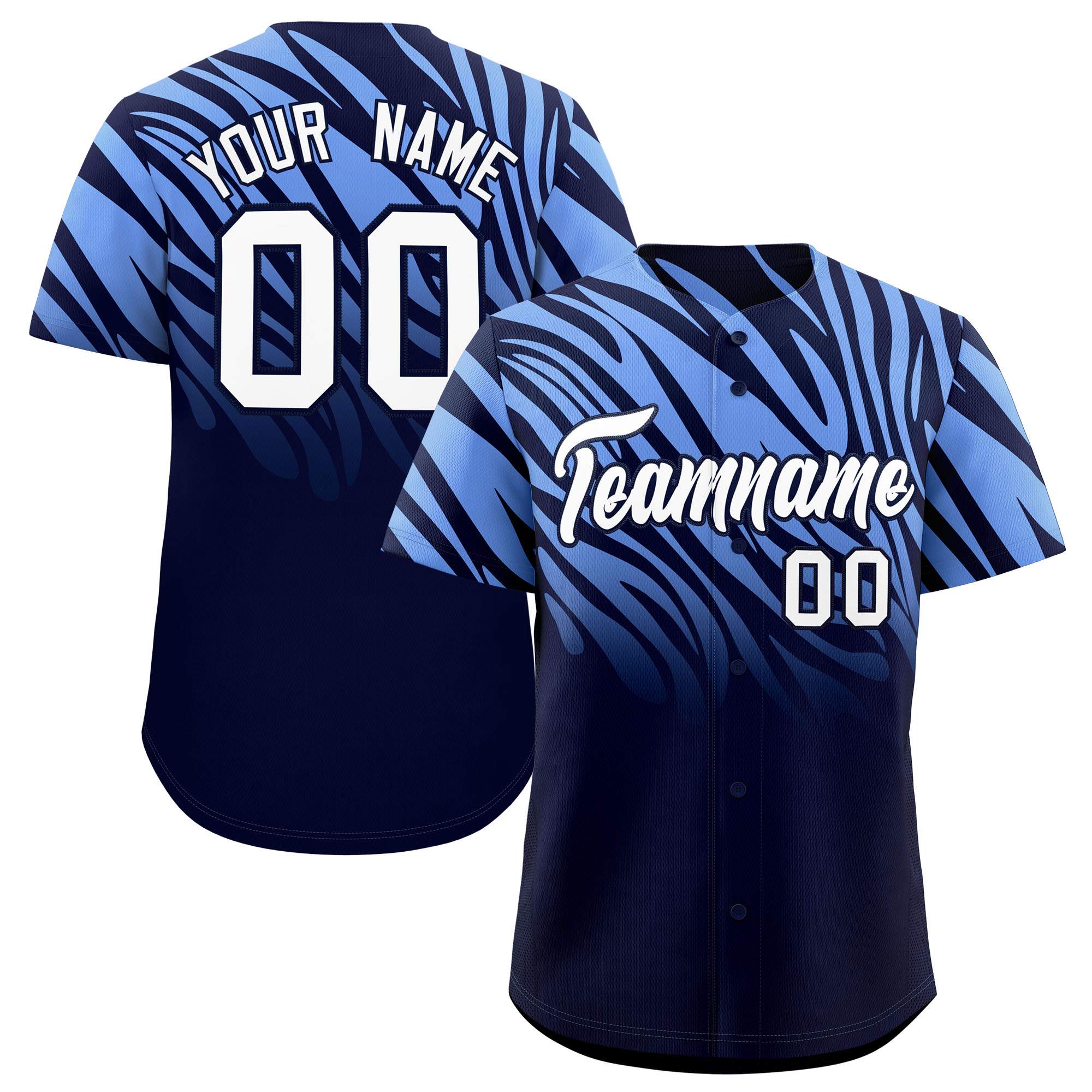 Custom Navy Light Blue Tiger Stripe Gradient Animal Print Personalized Team Shirt Baseball Jersey