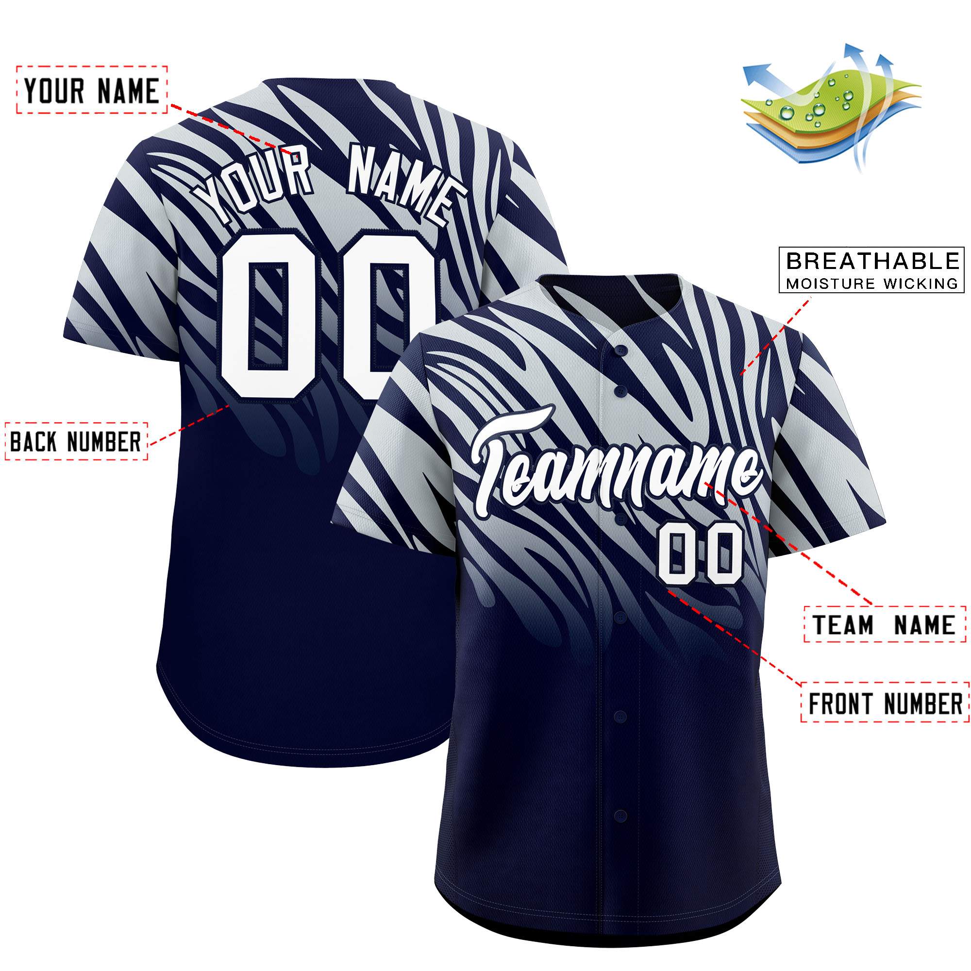 Custom Navy Silver Tiger Stripe Gradient Animal Print Personalized Team Shirt Baseball Jersey