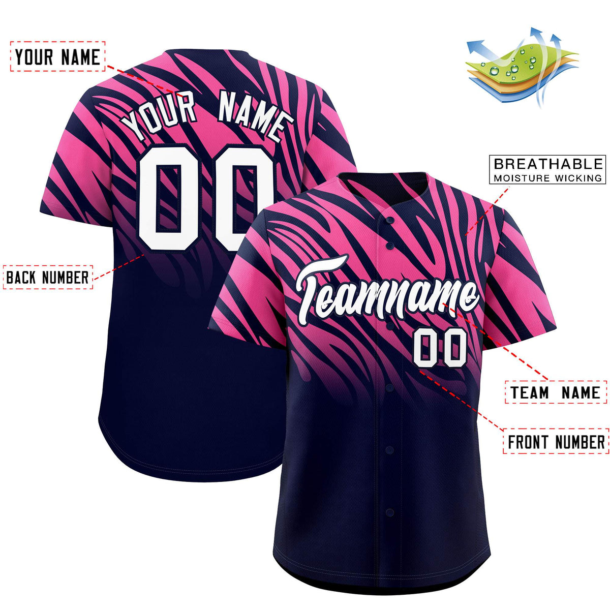 Custom Navy Pink Tiger Stripe Gradient Animal Print Personalized Team Shirt Baseball Jersey