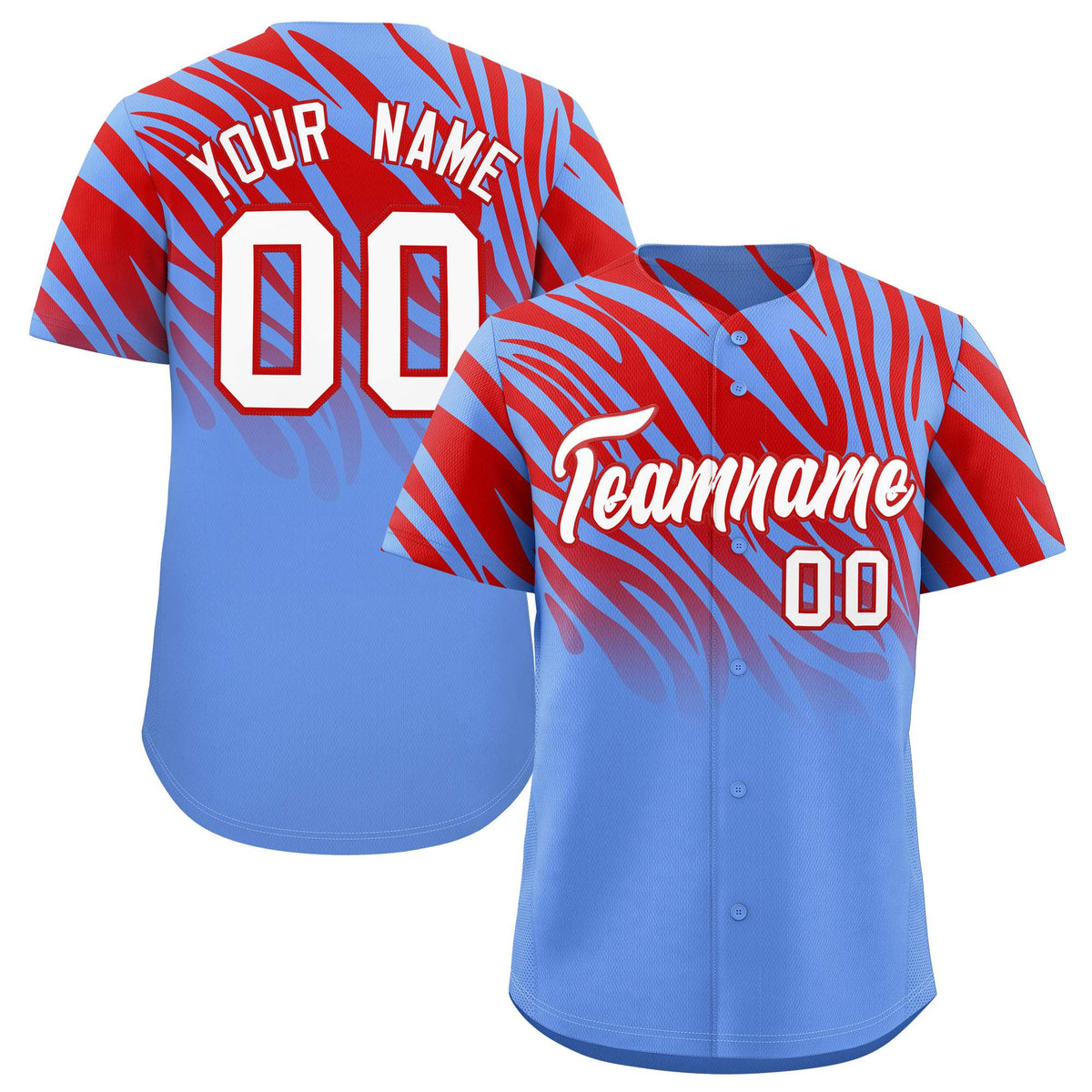 Custom Red Light Blue Tiger Stripe Gradient Animal Print Personalized Team Shirt Baseball Jersey