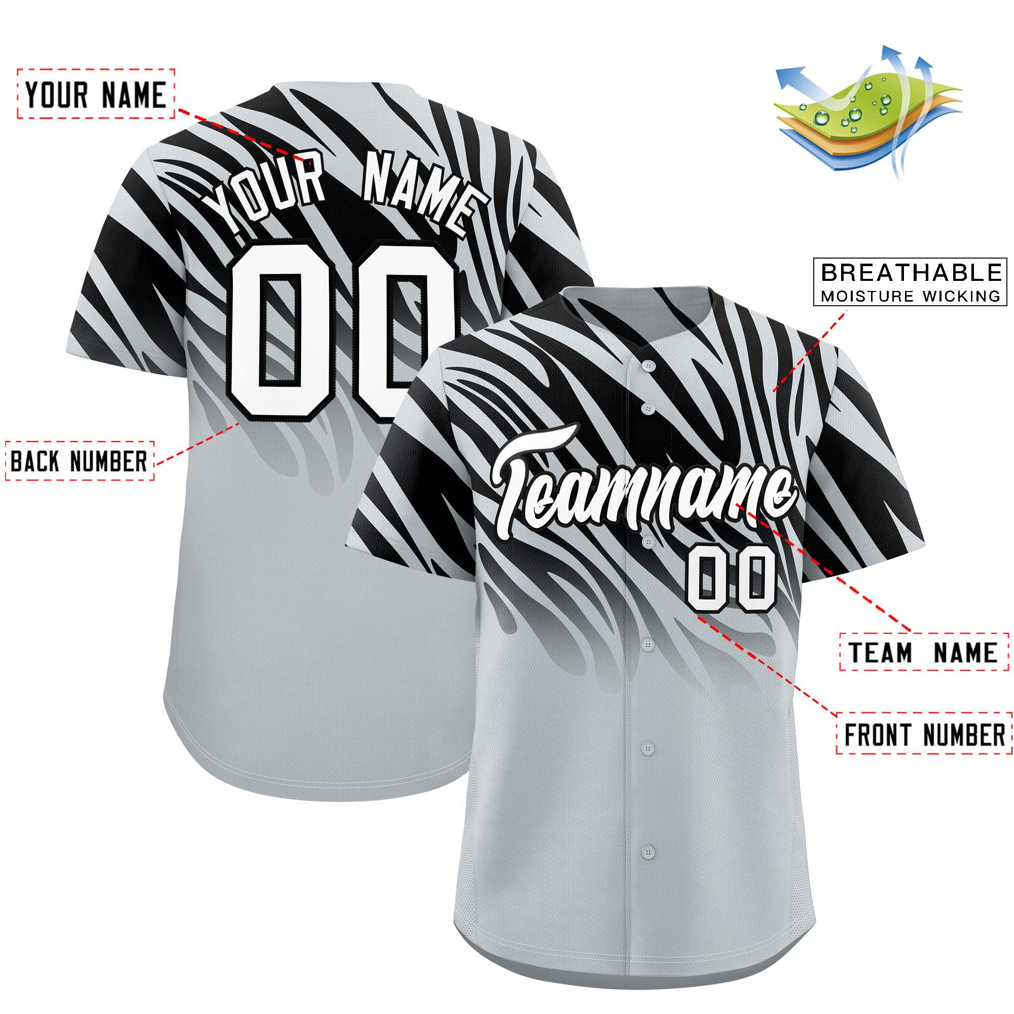 Custom Black Silver Tiger Stripe Gradient Animal Print Personalized Team Shirt Baseball Jersey