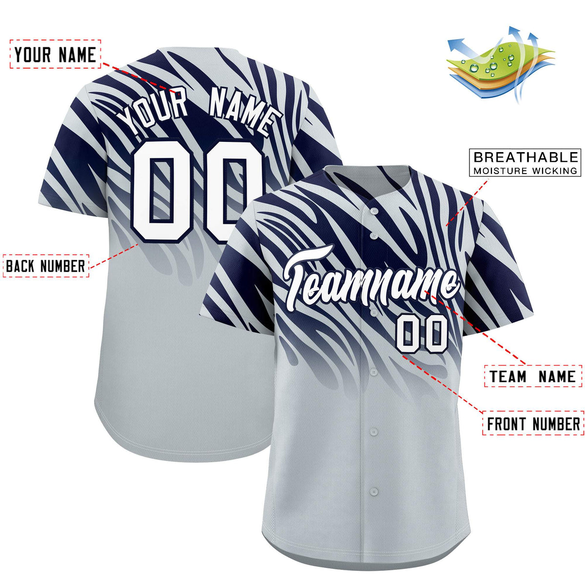 Custom Navy Silver Tiger Stripe Gradient Animal Print Personalized Team Shirt Baseball Jersey