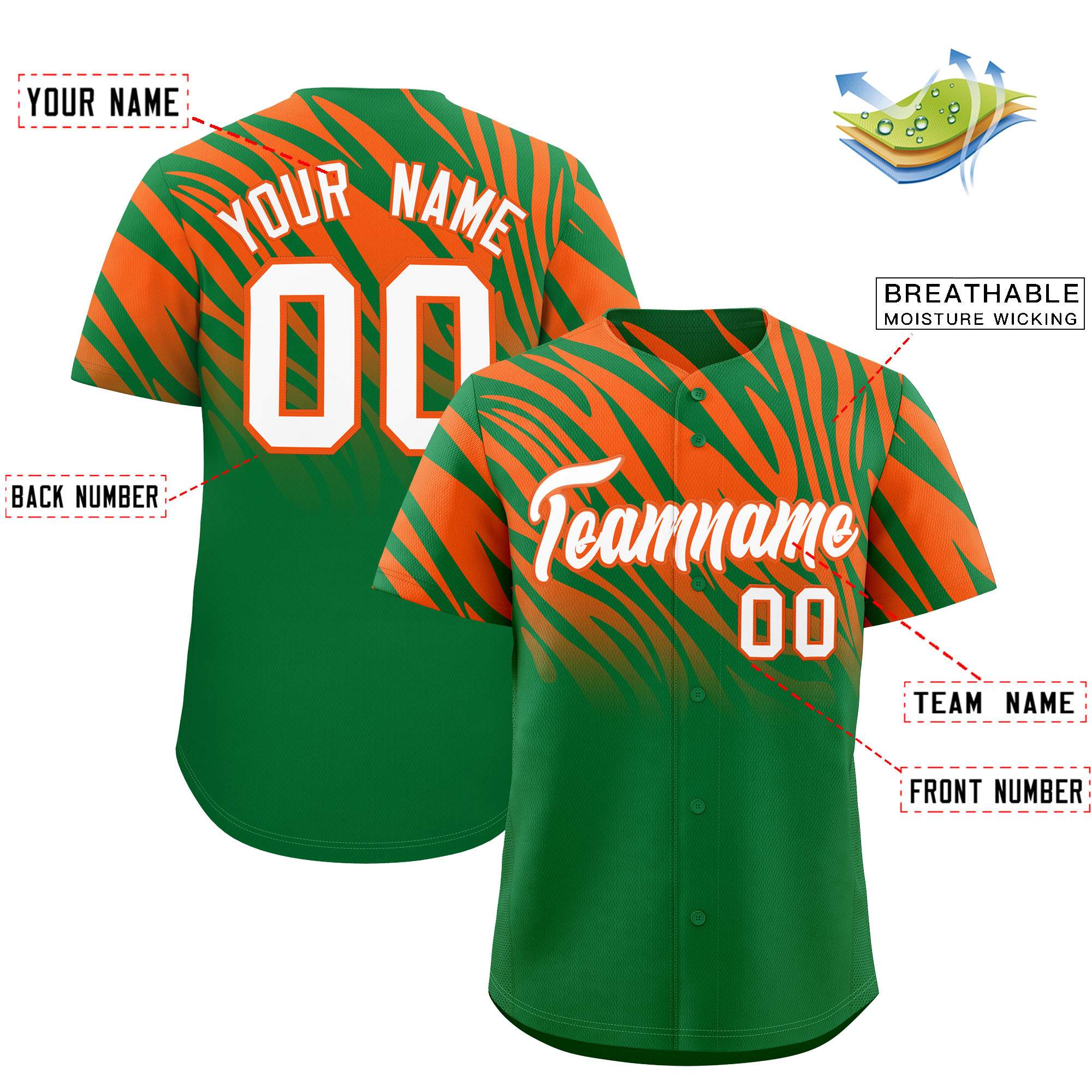 Custom Kelly Green Orange Tiger Stripe Gradient Animal Print Personalized Team Shirt Baseball Jersey