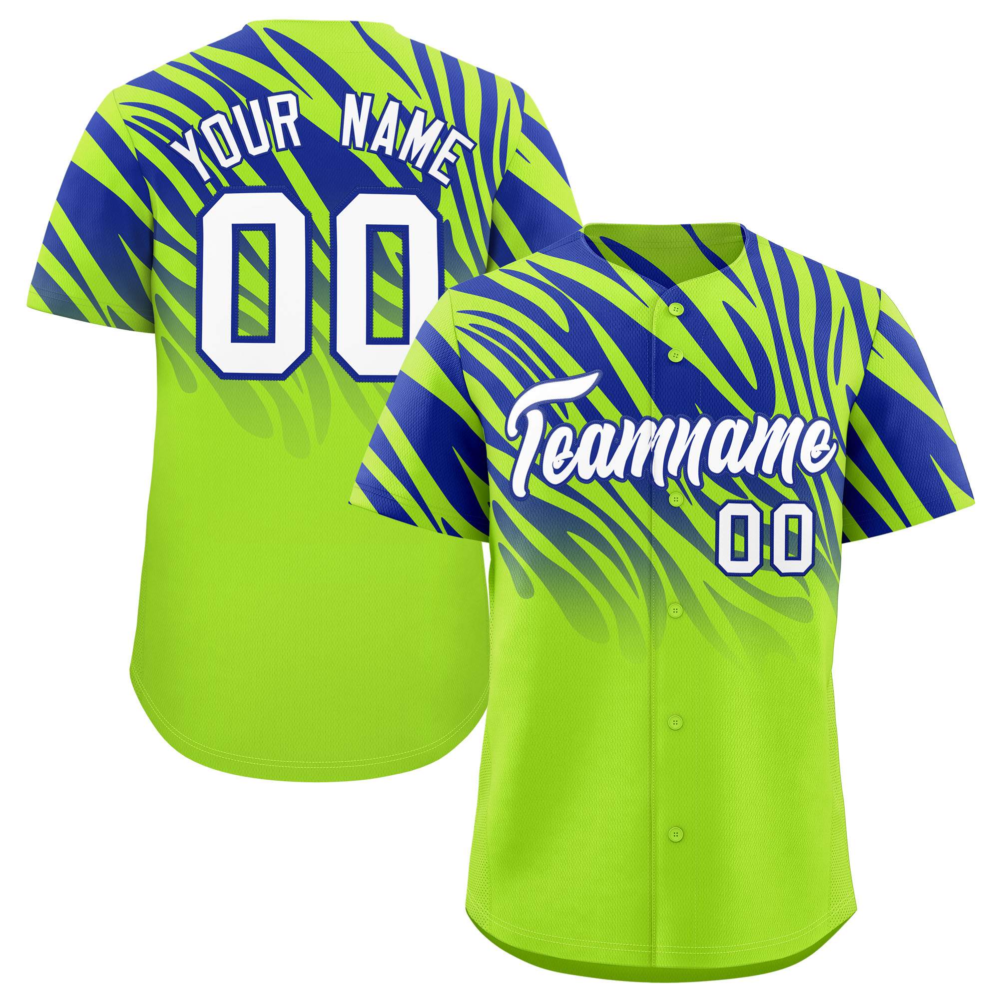 Custom Neon Green Royal Tiger Stripe Gradient Animal Print Personalized Team Shirt Baseball Jersey